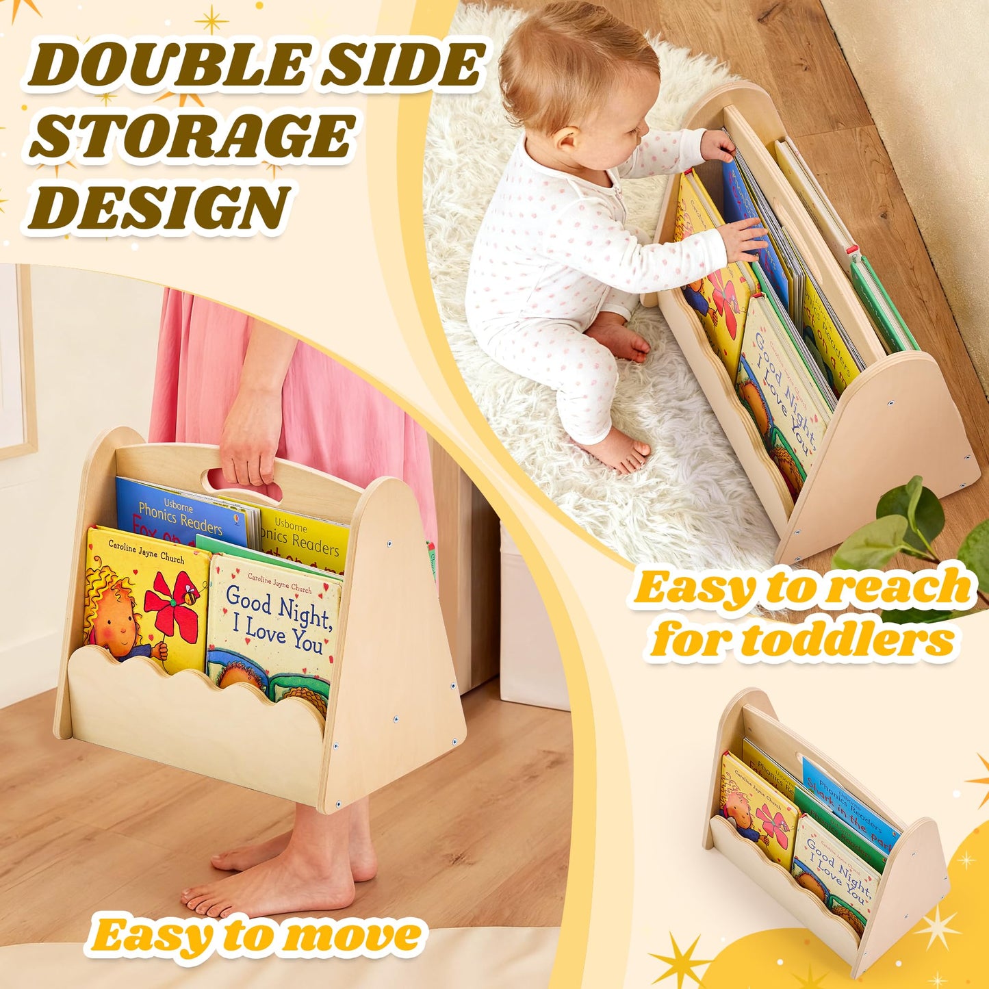 JooKiddie Kids Bookshelf and Toy Storage, 5-Tier Sling Toddler Bookshelf, 3Pcs Modular Wooden Book and Toy Storage Organizer, Children Bookcase for Kids Room Playroom Nursery