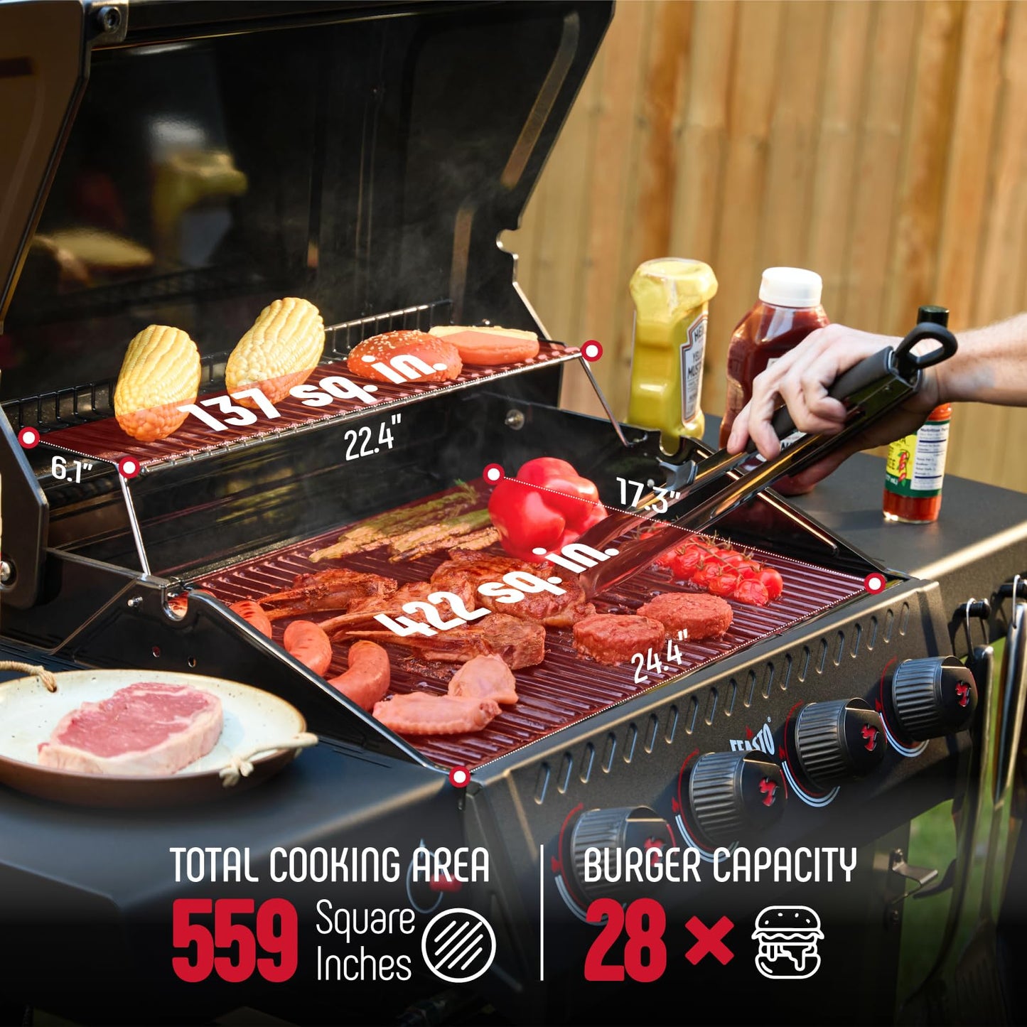Feasto 4 Burner Gas Grill, 36,000 BTU Outdoor BBQ Grill with Side Table for Outdoor Cooking & Backyard Barbecue, Premium Enameled Coated Chamber Body with Porcelain-Enameled Grates, Black