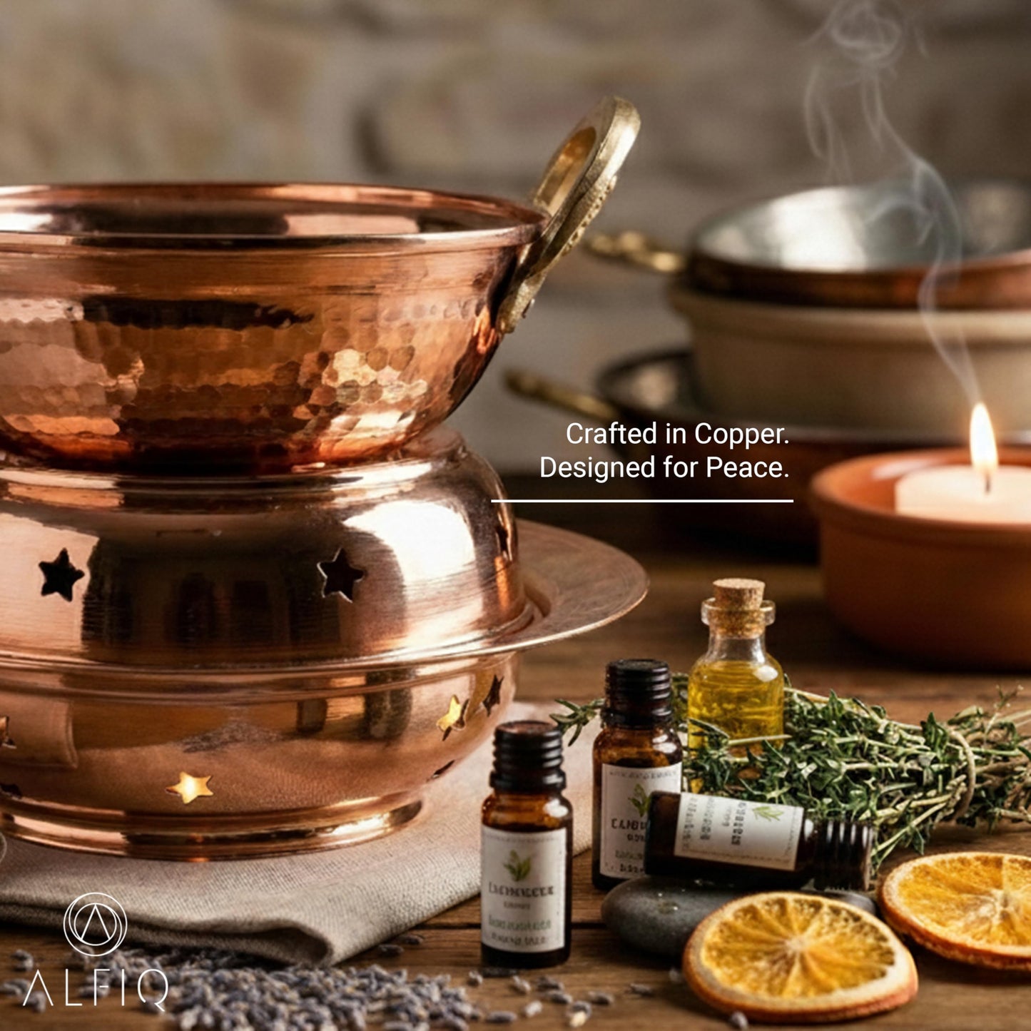 ALFIQ Solid Copper Oil Warmer Pot Set, Ayurvedic Massage Bowl with Stand for Spa & Aromatherapy, Handcrafted Hammered Finish, Premium Essential Oil Heater for Abhyanga, 100% Pure Copper