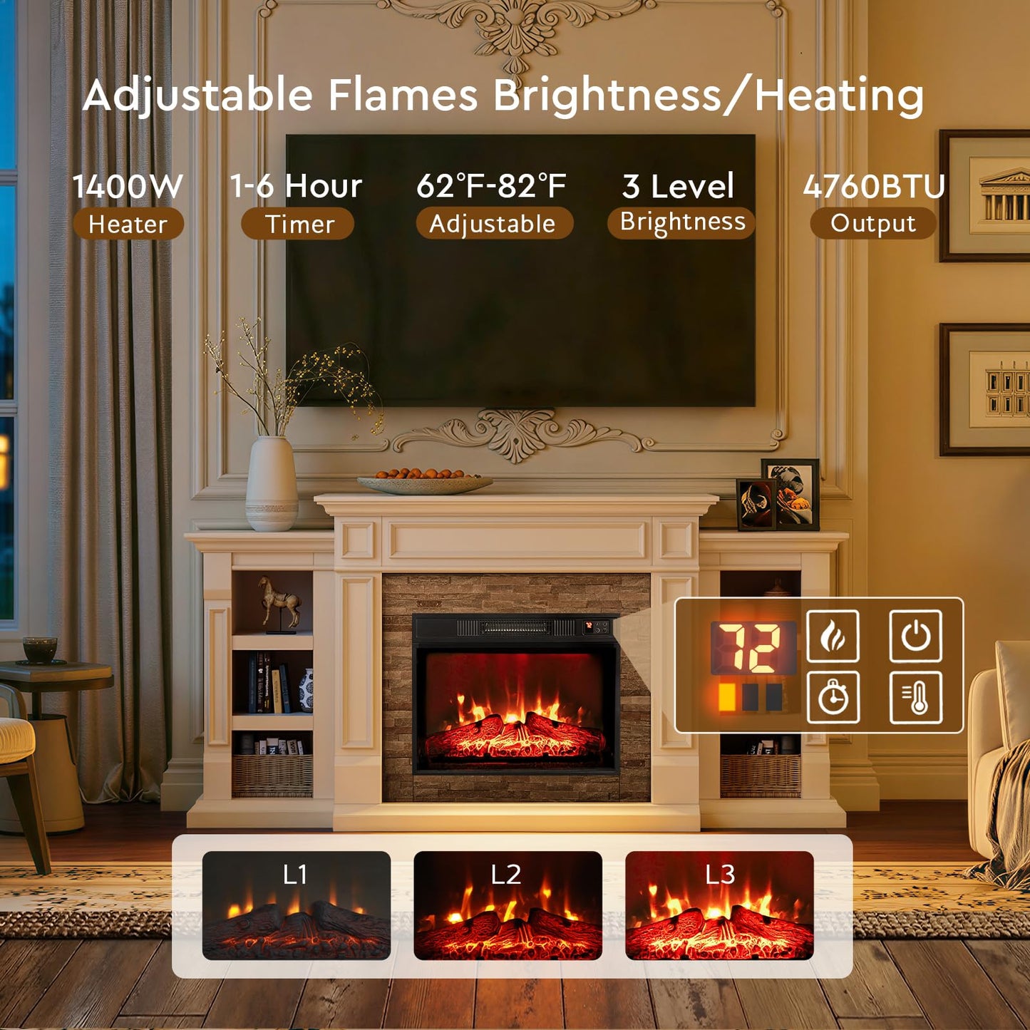 72" Electric Fireplace with Mantel, Fireplace TV Stand for TVs Up to 80 Inch, Modern Entertainment Center with Storage, Realistic Stacked Stone Surround with Remote Control for Living Room, Bedroom