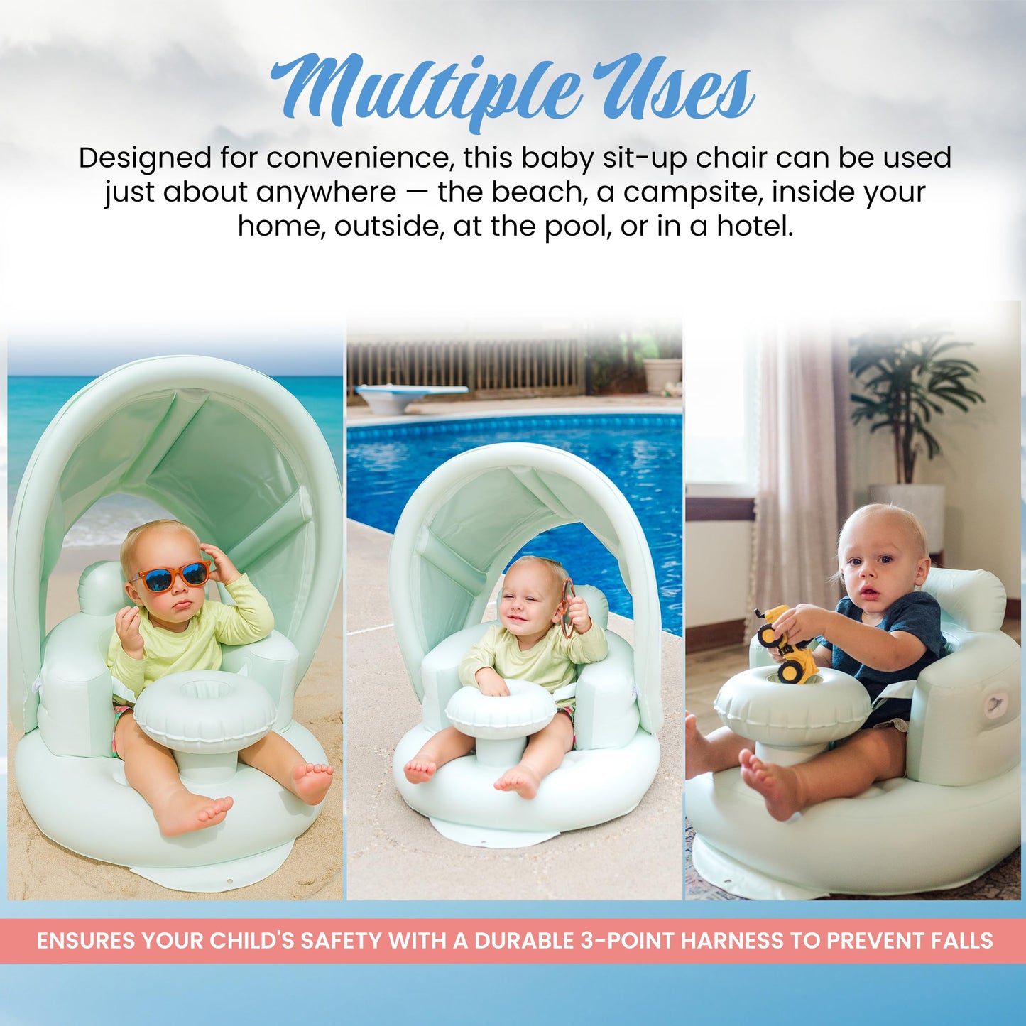 Inflatable Baby Seat for 3-36 Months w/Built-in Pump & Detachable Canopy, Sit Me Up Floor Seat for Baby w/Safety Straps, Inflatable Baby Chair, Indoor/Outdoor Blow Up Chair is Ideal Summer Gift