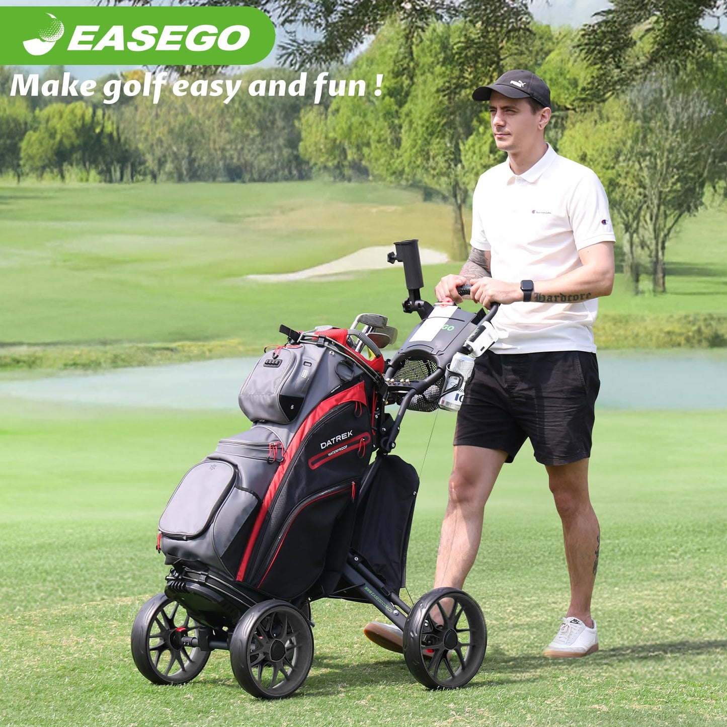 EASEGO Golf Push Cart 4 Wheel : Golf Walking Carts with Phone Holder/Cup Holder/Umbrella Holder/Foot Brake/Cooler Basket 4 Wheel Superlite Golf Pull Cart All-Terrain Golf Caddy Carts(Lime Green)