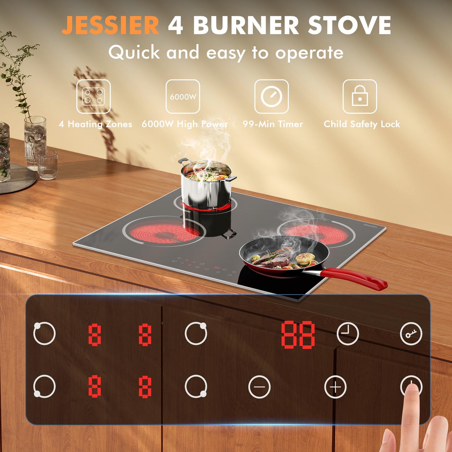 Jessier Electric Cooktop 24 Inch - 4 Burner Drop-in(22.05"x19.3") Electric Ceramic Cooktop, Electric Stove Top with Glass Protection Metal Frame, 9 Heating Level, 6000W, 220V Hard Wire(No Plug)