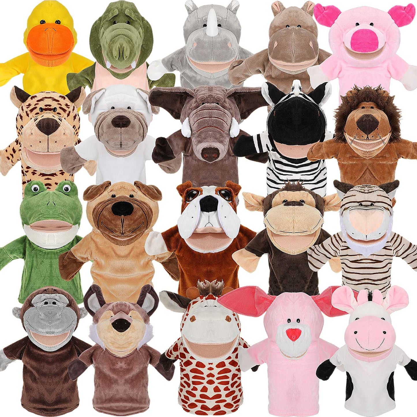 Hiboom 20 Pieces Animal Hand Puppets Kids Hand Puppets with Working Mouth Animal Plush Toy Lion Duck Pig Zoo Hand Animals with Open Movable Mouth for Birthday Theater Props Easter Basket Stuffers