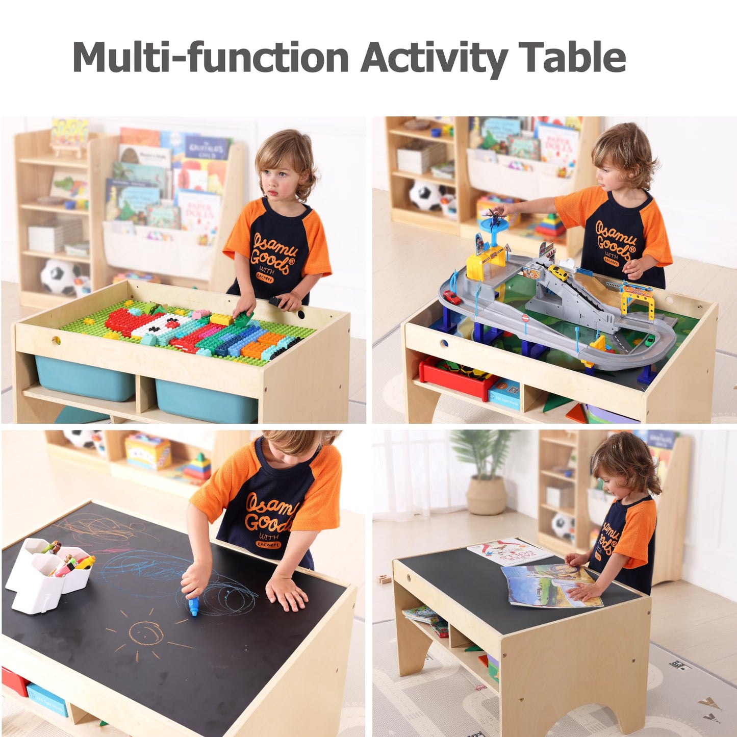 Bolocon Kids 3-in-1 Wooden Art & Activity Table Playset Furniture with 4 Compartments for Storage, Play Table Compatible with Blocks&Bricks and Train Set for Preschool Toddler Boy & Girl (STD.)