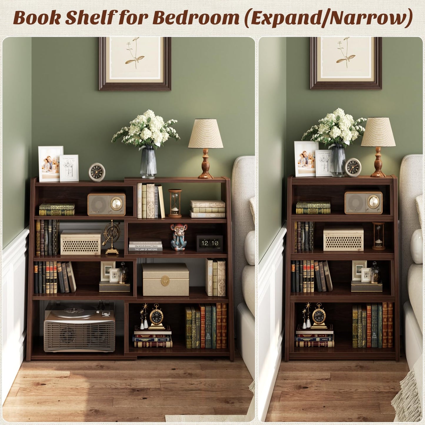 Armocity Book Shelf - Small Expandable Ladder Shelf, Short Corner Bookshelf for Small Spaces, 5 Tier Wood Narrow Bookcase, for Living Room, Bedroom, Entryway, Black Walnut