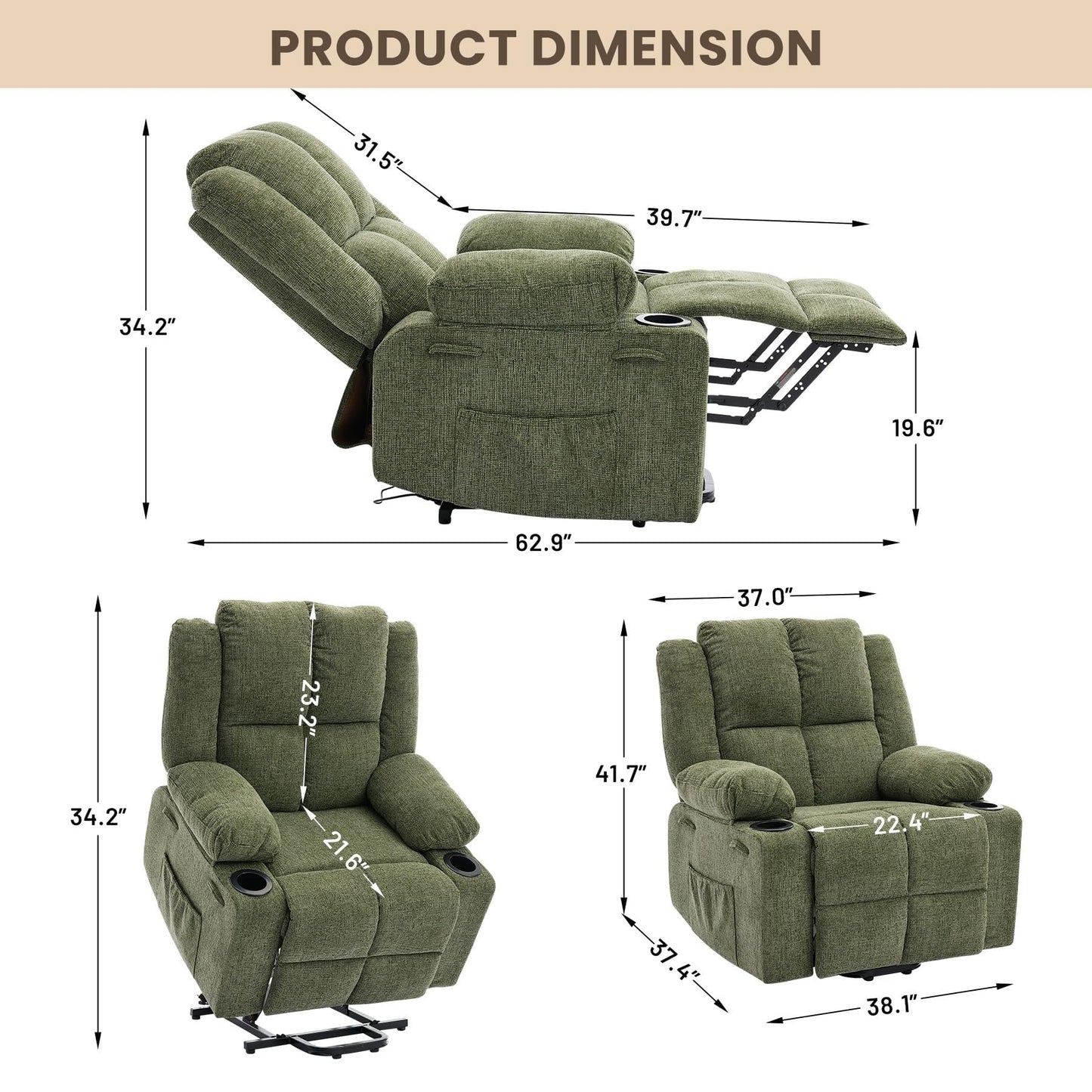 Garvee Power Lift Recliner Chair with Massage and Heat, Oversized Electric Lift Chair with Stand Assist, 155° Adjustable Lay Flat Recliner, 2 Cup Holders for Living Room