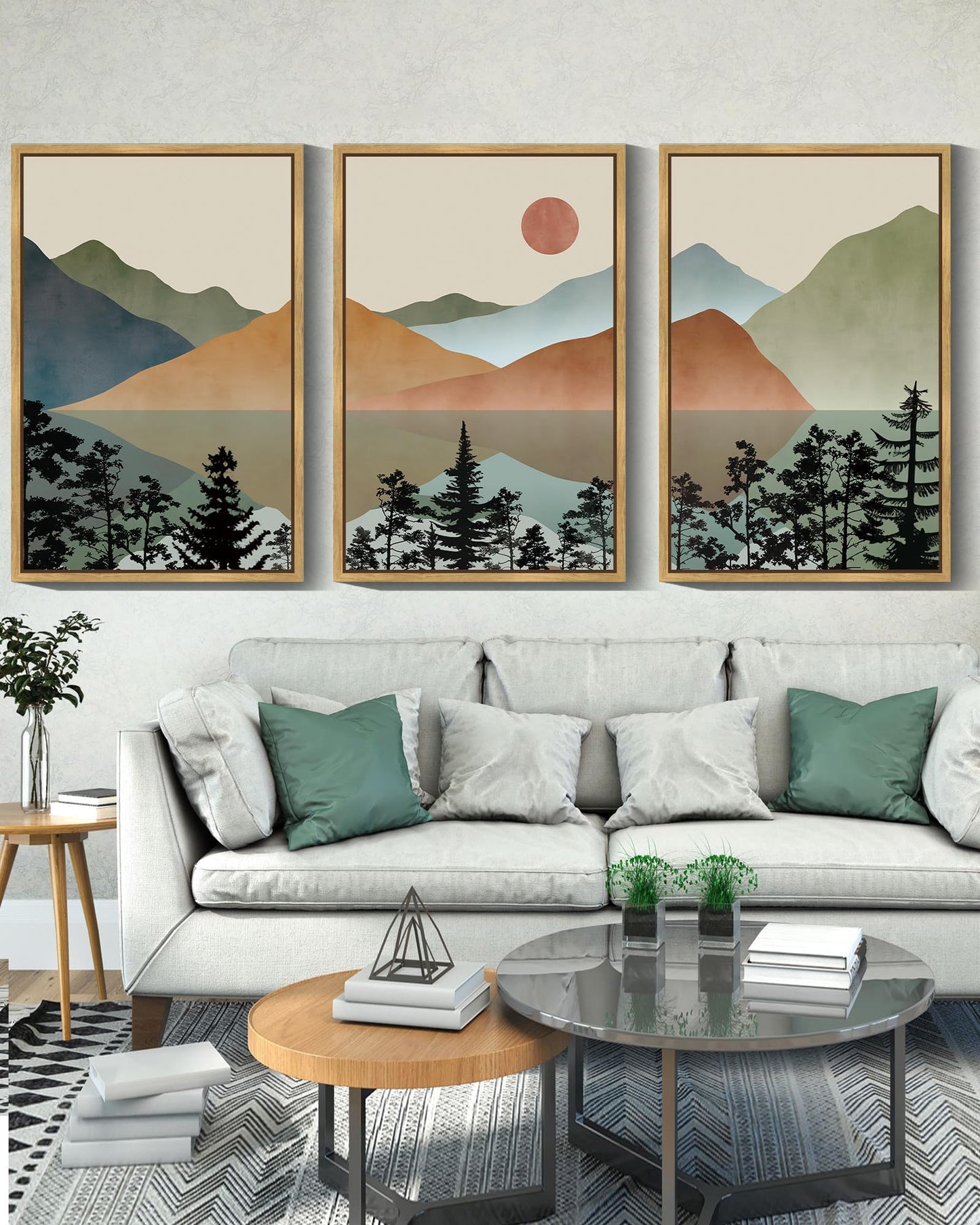 KUVIOKE Landscape Mountain Wall Art 24x 36in Large Set Lake Sunrise Pine Tree Forest Nature Scenry Wilderness Farmhouse Rustic Modern Art Decorative for Living Room Bedroom (Natural Framed)