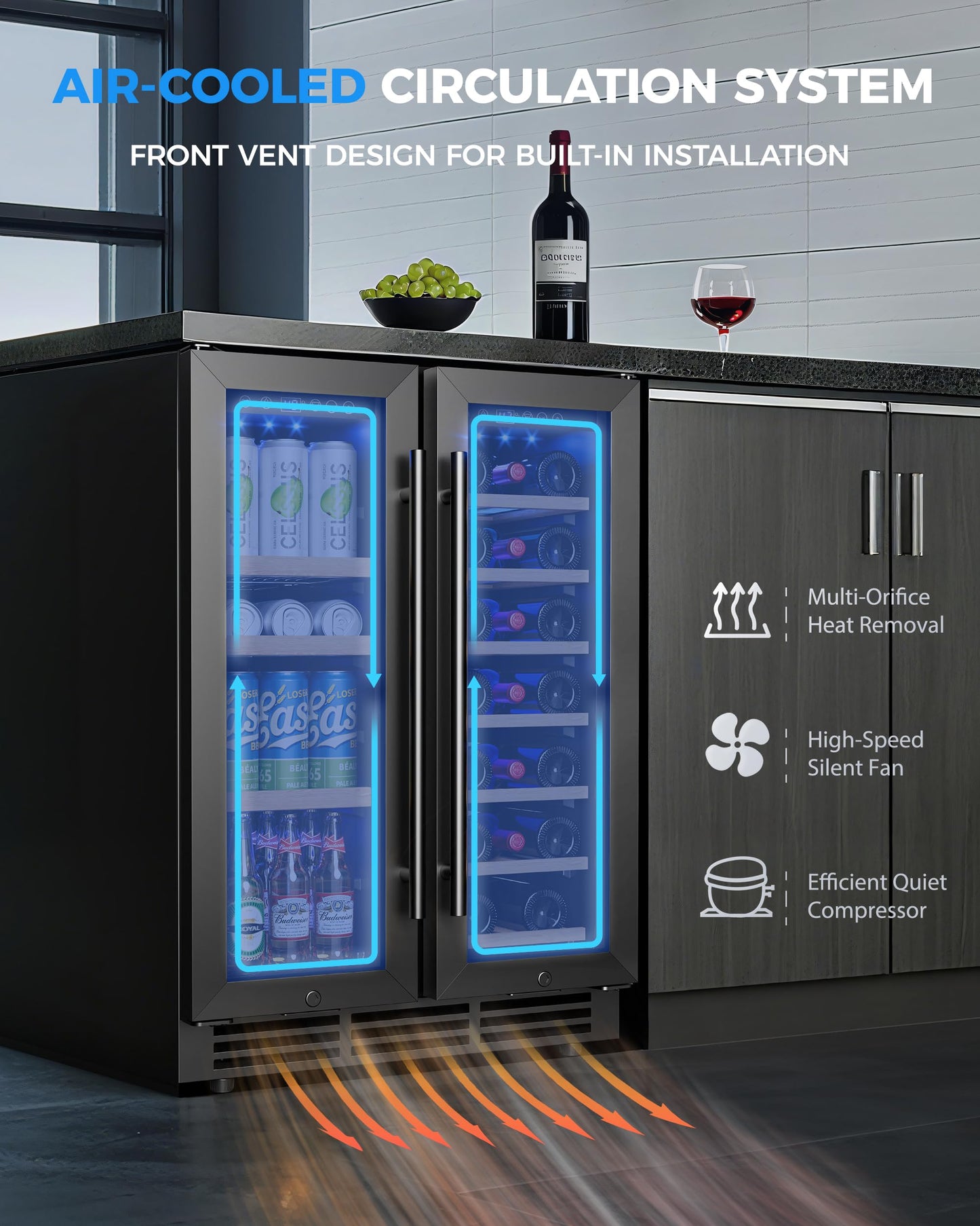 ICEVIVAL Wine and Beverage Refrigerator, 24 Inch Built-In Wine Fridge with Glass Door, Holds 20 Wine Bottles & 60 Cans, Under Counter Refrigerator with Quiet Cooling System & Blue LED Light(Black)