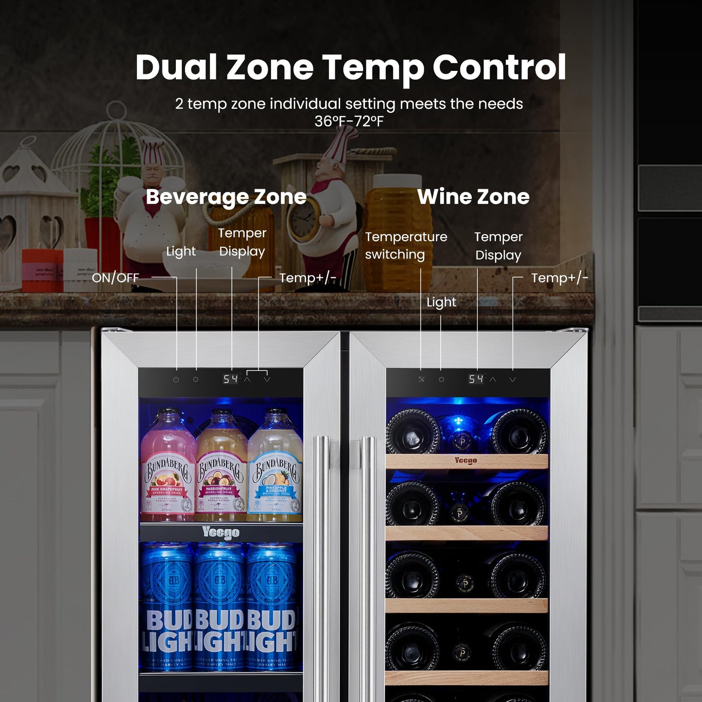 Yeego Wine and Beverage Refrigerator - 24 Inch Dual Zone Wine Fridge 60 Can & 20 Bottle, 36-72°F Cooler Built in Under Counter Fridge with Glass Door for Beer Soda Drink Home Bar Office