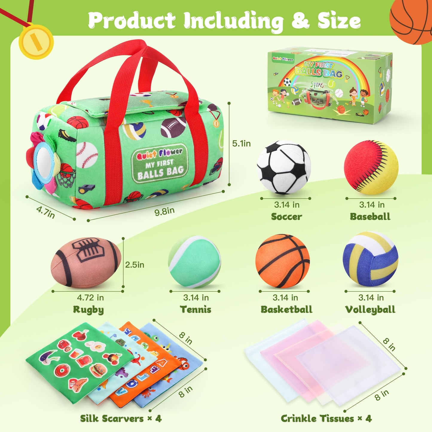 My First Sports Bag 6-12 Months Baby Tissue Box Toy, 17pcs Montessori Sensory Set: Plush Ball, Crinkle Paper, Scarves & Mirror, Squeaky Fine Motor 1 Year Old Infant Toddler Gifts Easter Basket Stuffer