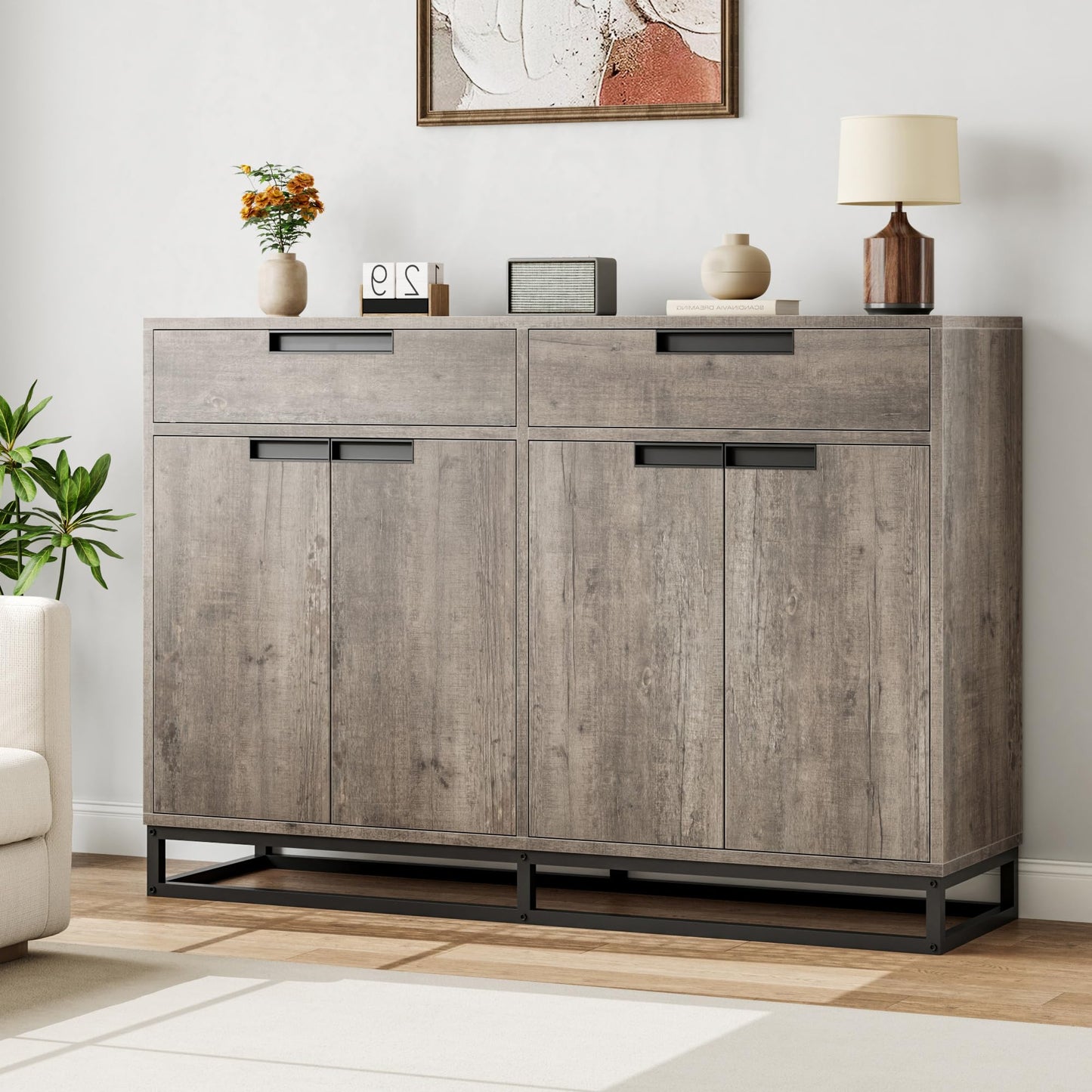 GAOMON Sideboard Buffet Cabinet, 55" Large Modern Kitchen Storage Cabinet with 2 Drawers and 4 Doors, Coffee Bar Buffet Table for Kitchen and Dining Room, Gray