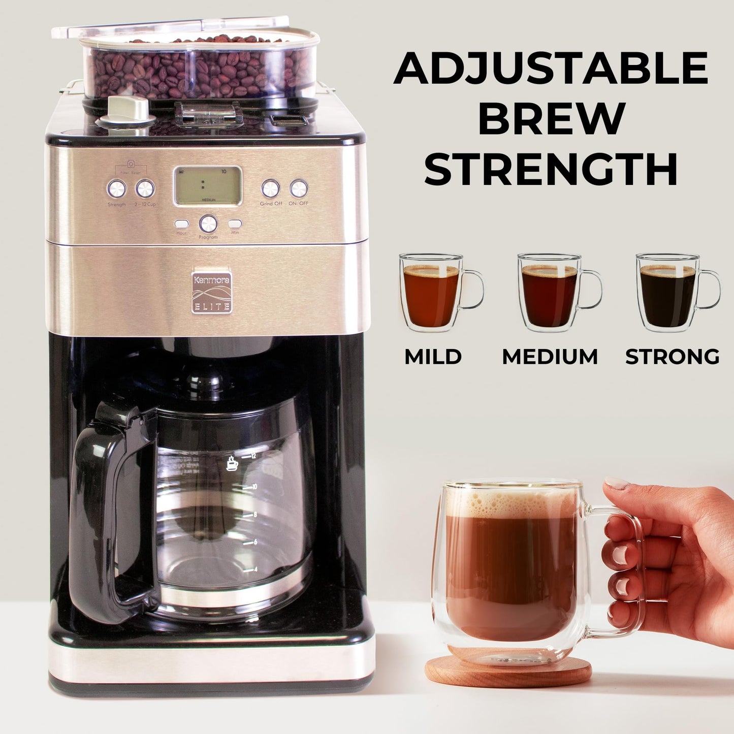 Kenmore Elite Grind and Brew Coffee Maker with Built‑In Burr Grinder, Automatic Drip Machine, 12‑Cup Programmable Brewer, Bean‑to‑Cup Cafetera, Stainless Steel Coffee Maker for Home & Office