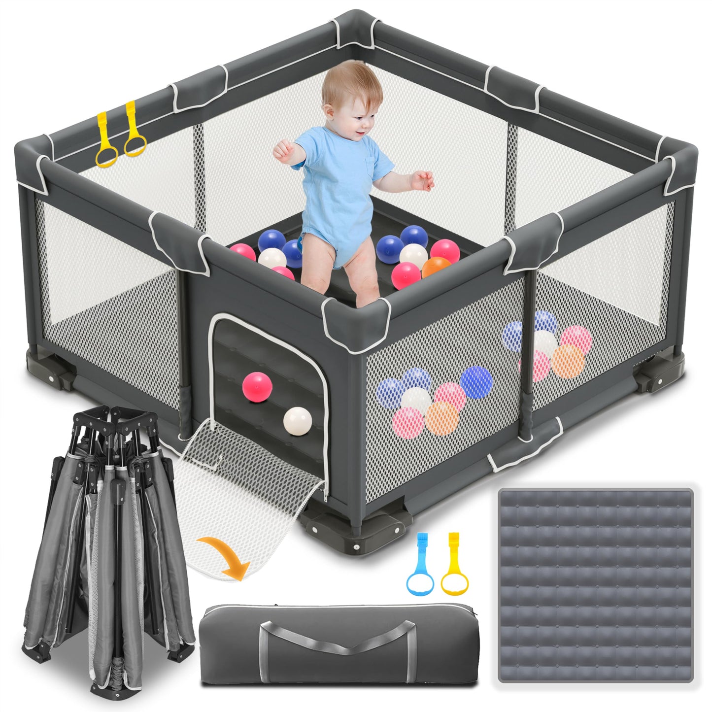 ICAREWAY Foldable Playpen for Babies and Toddlers, 50x50 Inches Portable Playpen, Kids Collapsible Play Pen with 2 Handlers, Indoor & Outdoor Baby Fence Play Area with Visible Mesh, Dark Gray