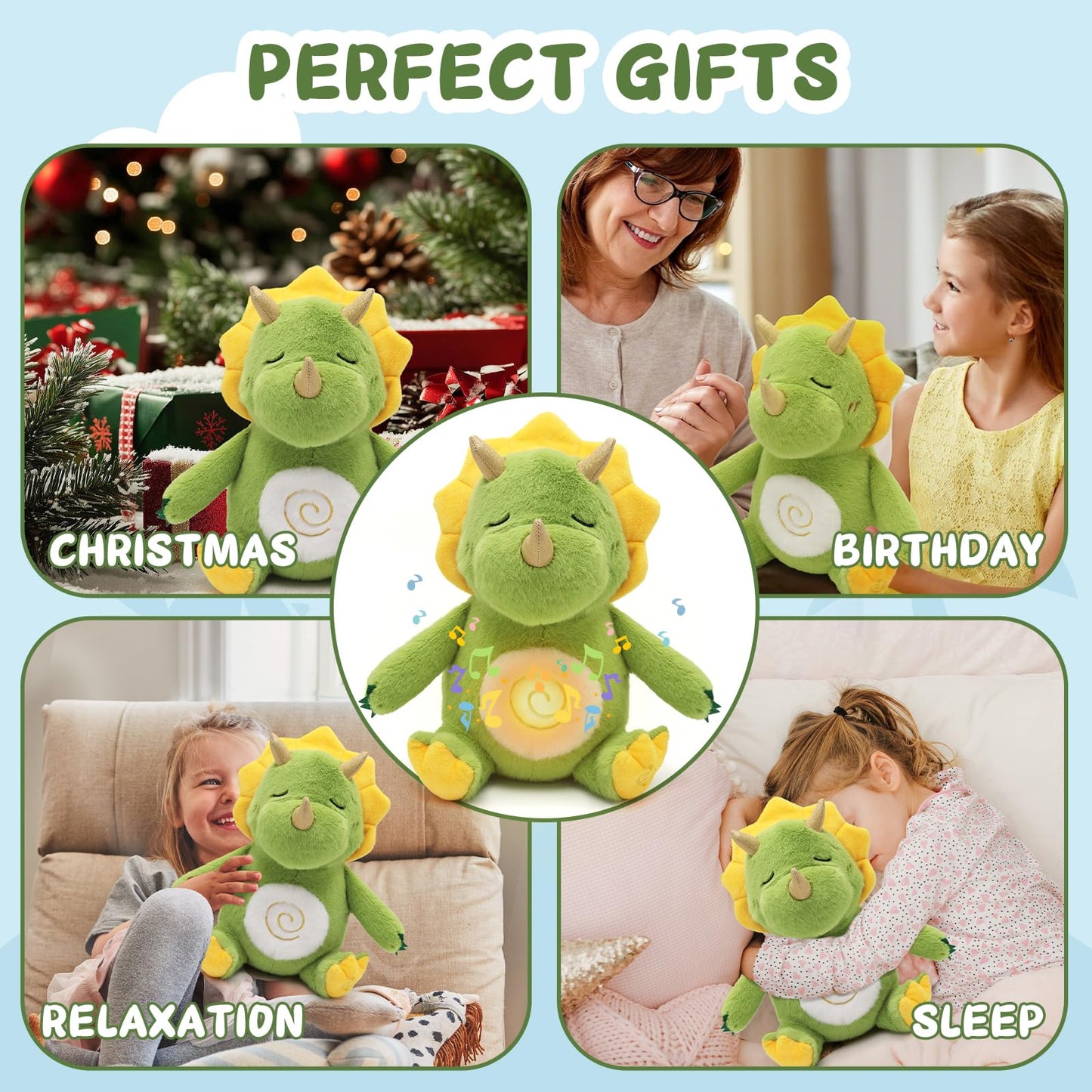 Breathing Dinosaur Plush Toys with Light and Sound, Triceratops Dinosaur Stuffed Animal, Adjustable Singing Night Light, Green Dino Plush Toy Gift for Kids, 11.8 inch