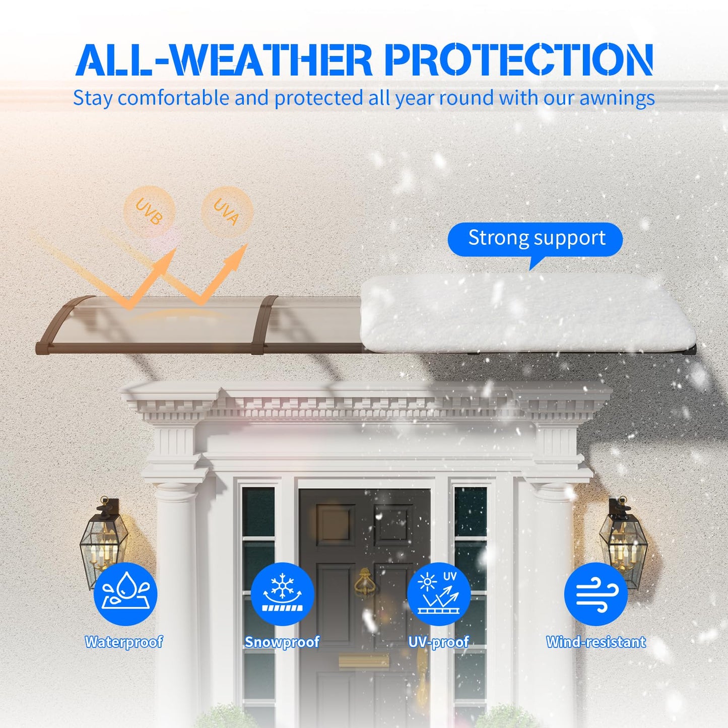 Awning for Door Entrance with Drainage Sink,40x80 Inch Awnings for Doors,Window Canopy Exterior with Plastic Steel Bracket,Polycarbonate Cover,UV,Rain,Snow Protection for House,Porch,Patio,Deck