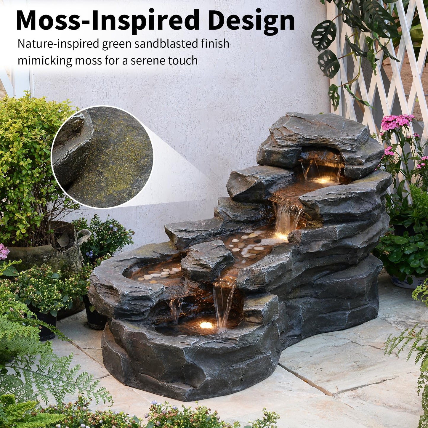37" L Garden Outdoor Water Fountain, Floor Standing 5-Tiers Rock Natural Waterfall Outdoor Fountains with LED Lights for Patio, Porch, Home Art Decor
