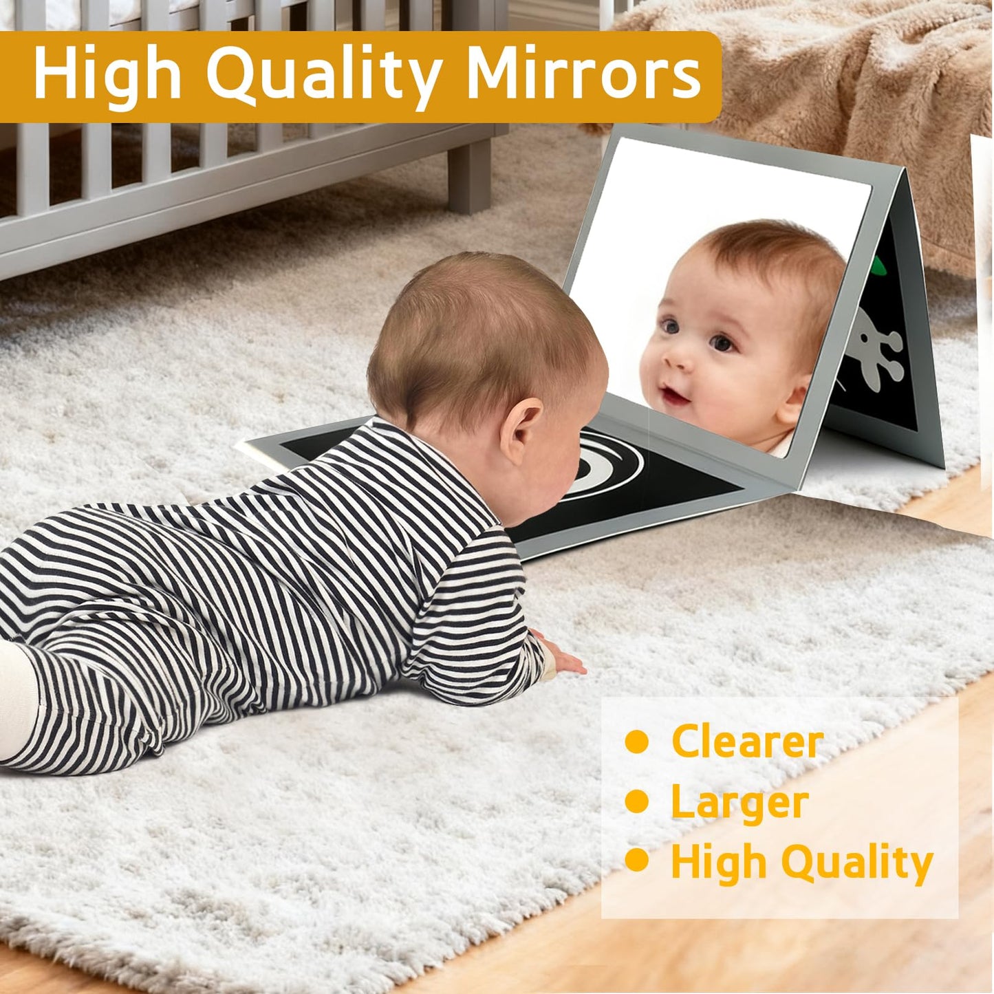 KUANGO Black and White High Contrast Tummy Time Mirror Toys Newborn Toys 0 6 Months Brain Development Infant Stimulating Sensory Baby Mirror Book 0-3 3-6 2 4 5 Months Old Baby Boy Girl Gifts