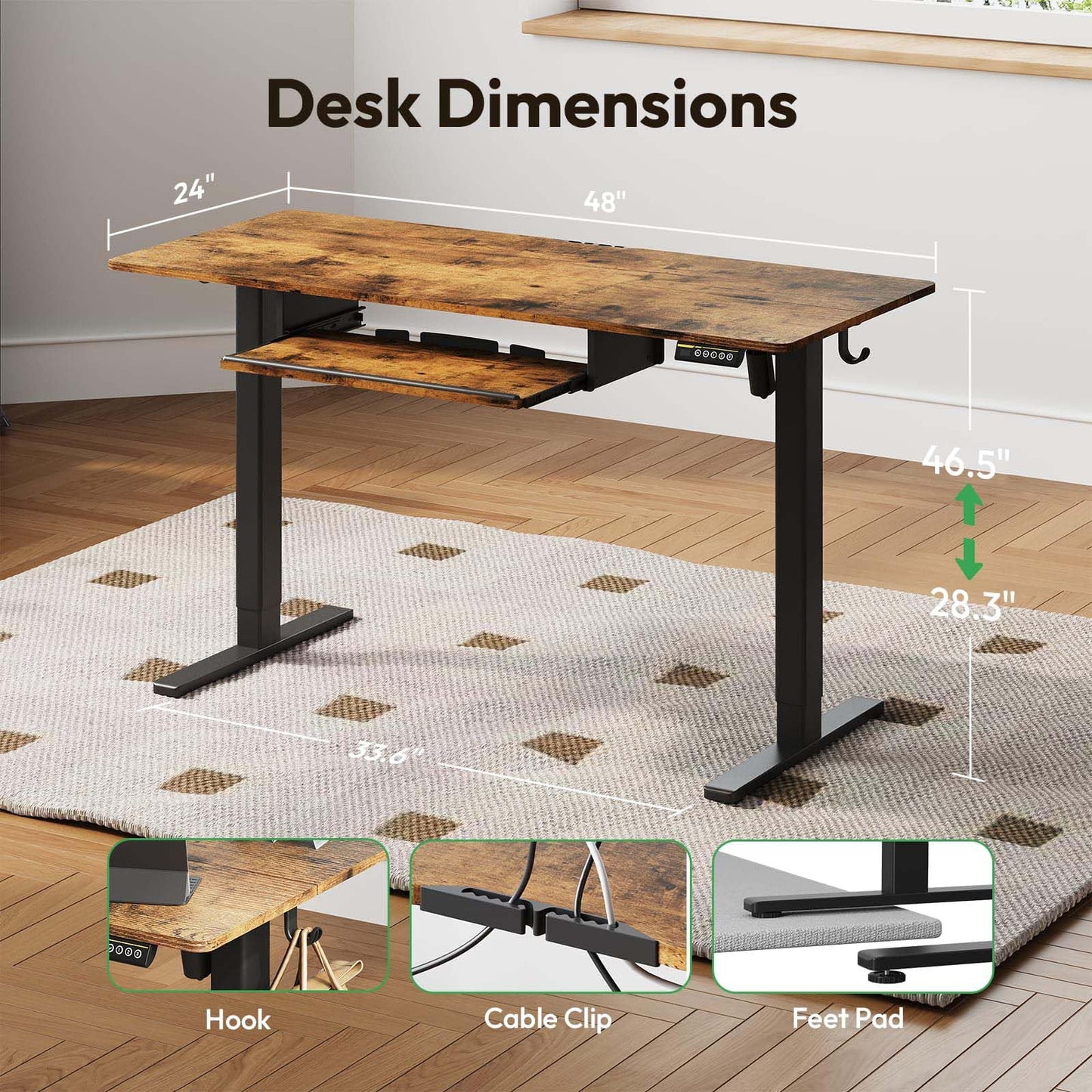 Gamork Electric Standing Desk with Keyboard Tray,48x24 inches Adjustable Height Stand Up Desk,3 Preset Heights,Equipped with Hooks,Raising Desks for Home Office and Computer Workstation,Black