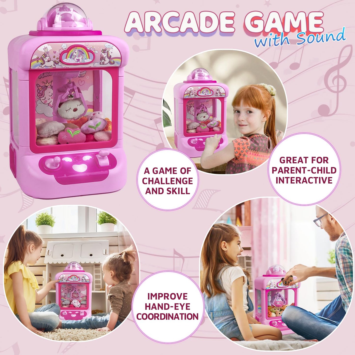 Marlrin Claw Machine for Kids, Mini Vending Machine Girls Unicorn Toys, Candy Grabber Prize Dispenser with Sound & 20 Mini Plush Toys, Electronic Arcade Game Indoor Toy for Home Party Birthday Gifts