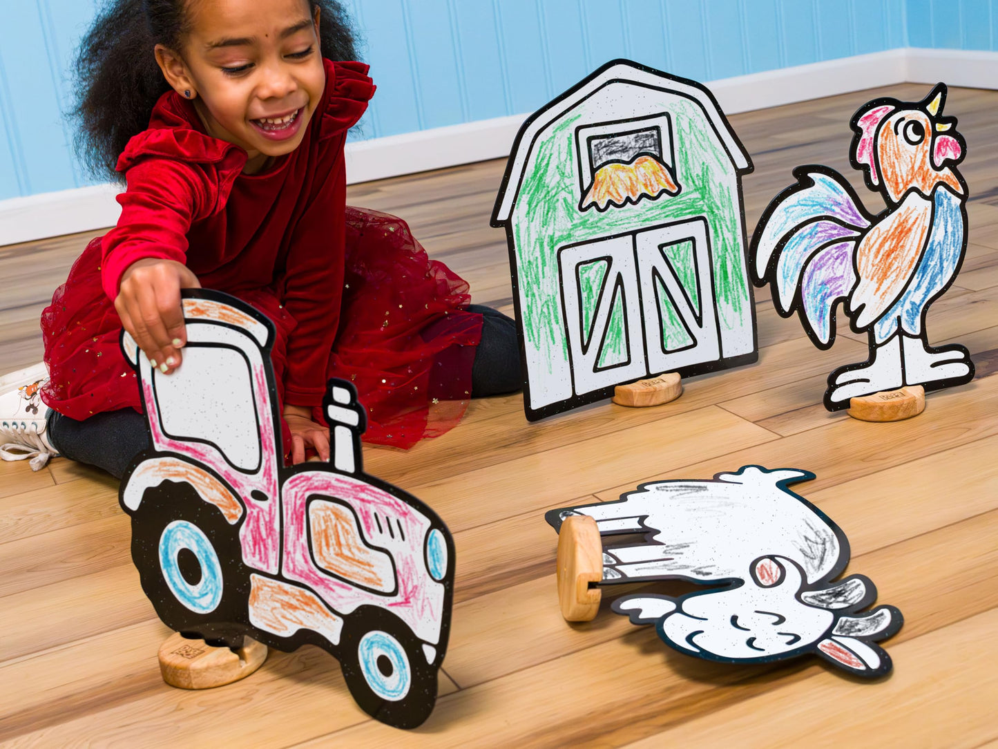 DoodleFace Farm Companion Toy Set for Kids: Color, Play, Wipe Away with Crayons and Eraser. Educational Reusable Coloring Toy with Barn, Goat, Rooster, Tractor.