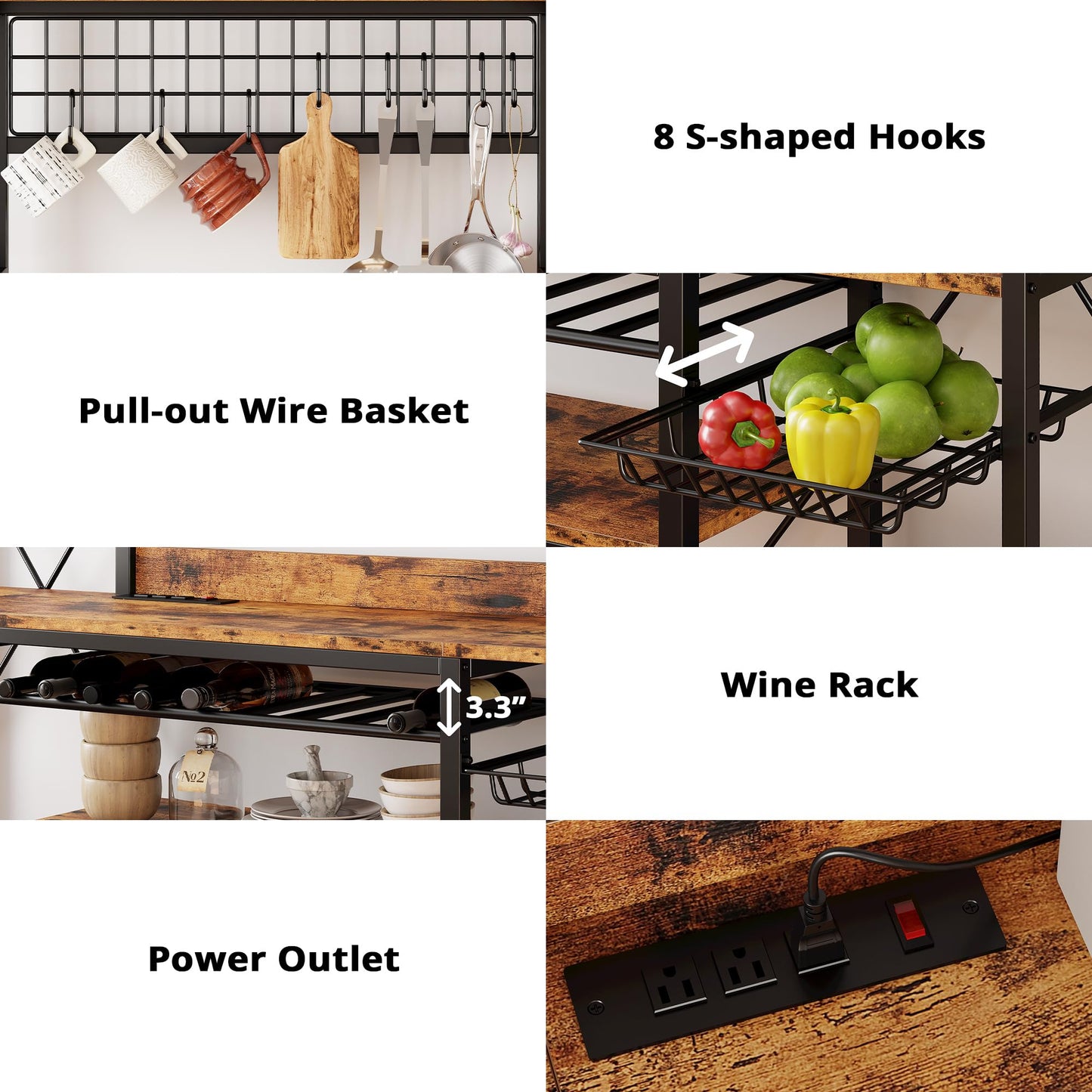 IRONCK Large Bakers Rack with Power Outlet, 62 Inch Wide Microwave Stand, Coffee Bar with Storage, Kitchen Racks and Shelves, Vintage Brown