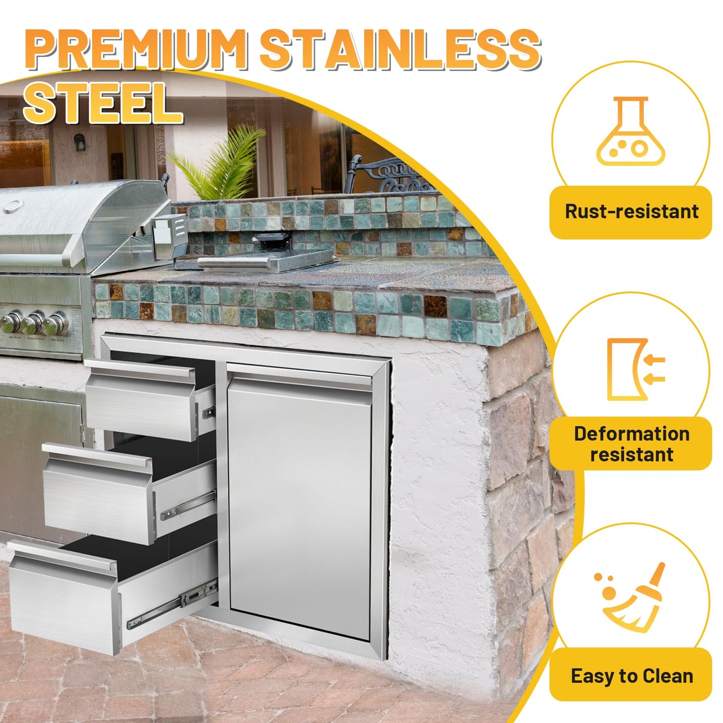 Tactralis Outdoor Kitchen Drawer Combo Cabinet Stainless Steel Triple Drawers & Trash Drawer with 2 Trash Cans, 28" W x 22" H x 19.5" D Outdoor Kitchen Cabinets for BBQ Grill Station