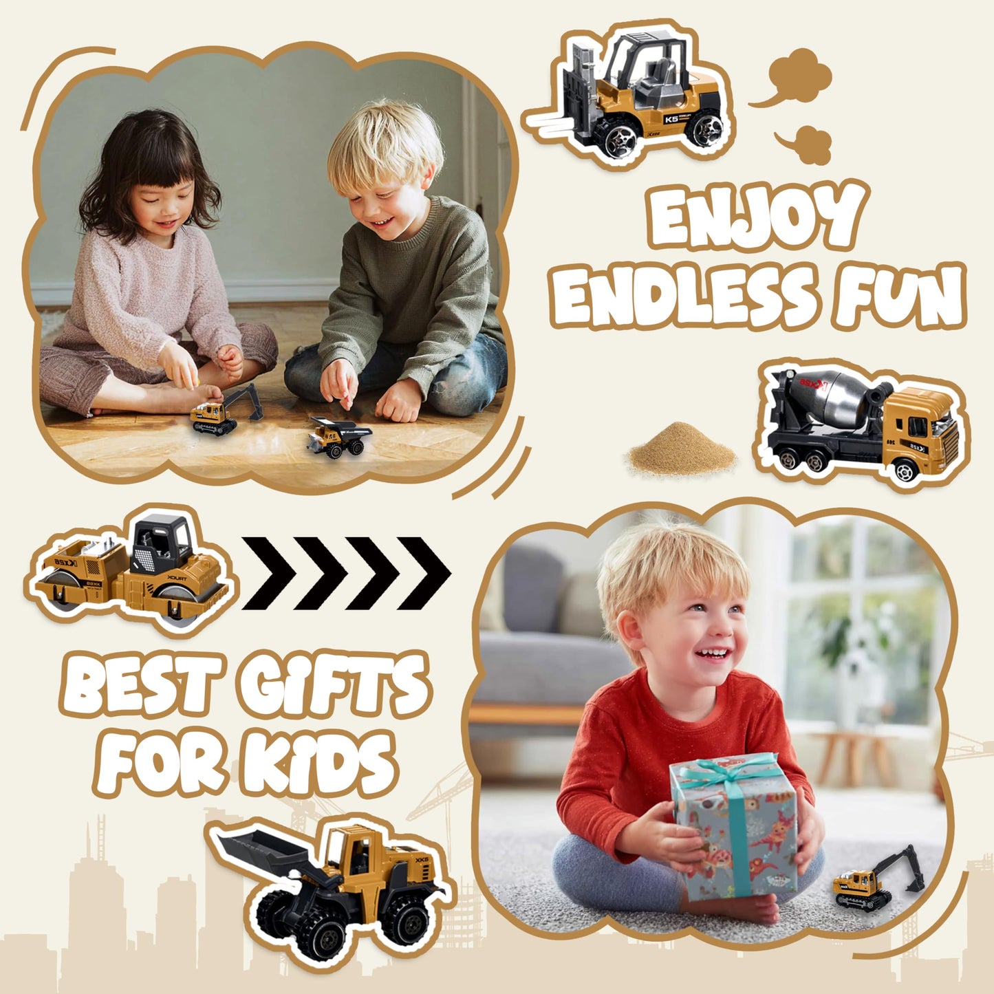 Construction Trucks Vehicles, 6Pcs Die-cast Construction Toys Set, Toys for Boys, Mini Excavator Mixer Truck Bulldozers Forklift Dump Truck,Roller, Car Playset Gift for Boys Age 3-9