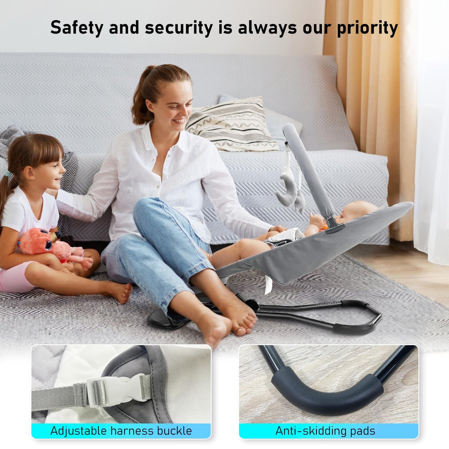 Portable Baby Bouncer Seat for Babies 0-18 Months, 100% Cotton Fabrics, Adjustable Multi Position Baby Bouncer Seat, Infant Rocker Chair with Hanging Toys-Light Grey