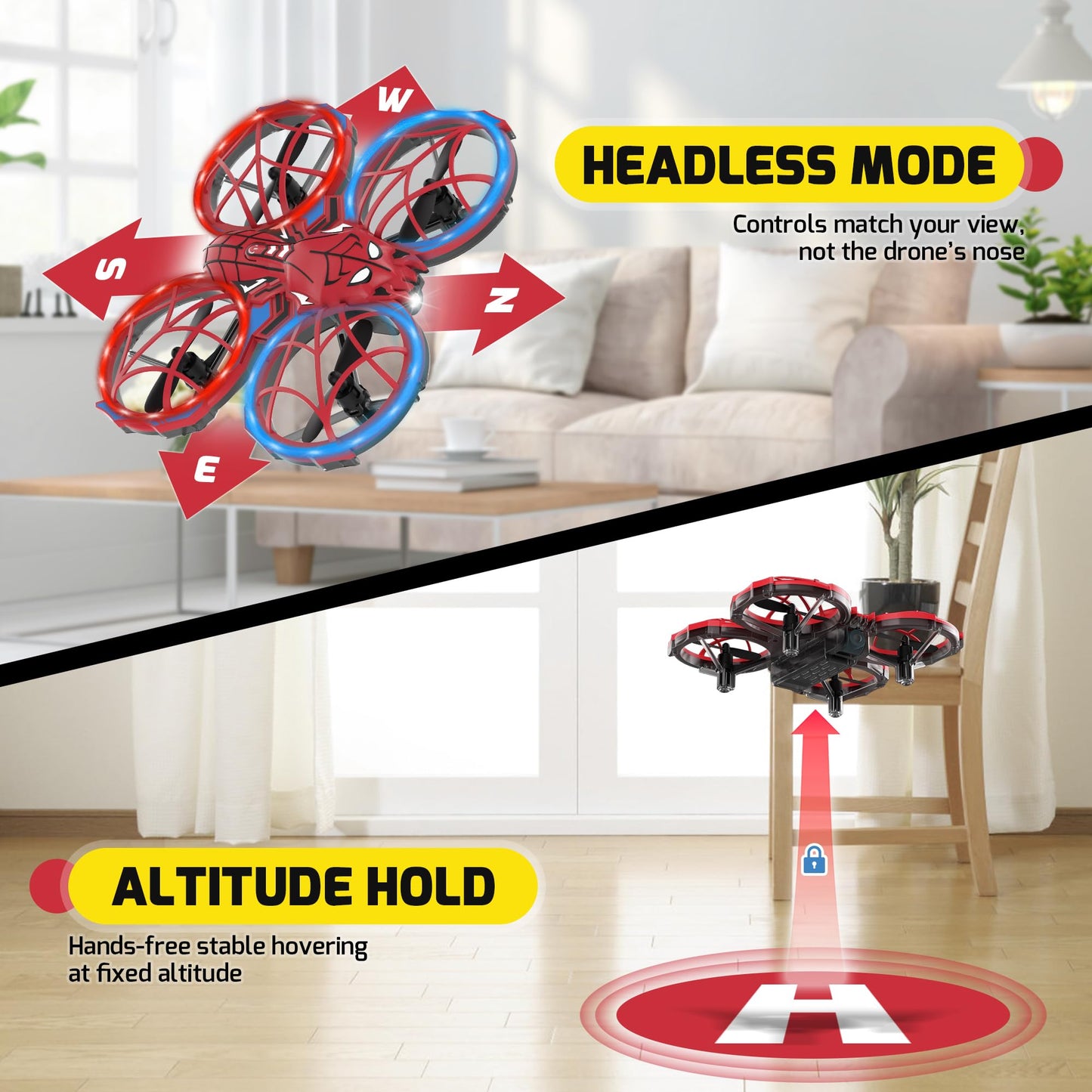 Spider Mini Drone for Kids with Altitude Hold and Headless Mode, 2 Batteries, Full Propeller Guards, 3 Lighting Effects, 360° Flips, 3 Speeds, Birthday Gifts Toys for Beginners Boys Girls