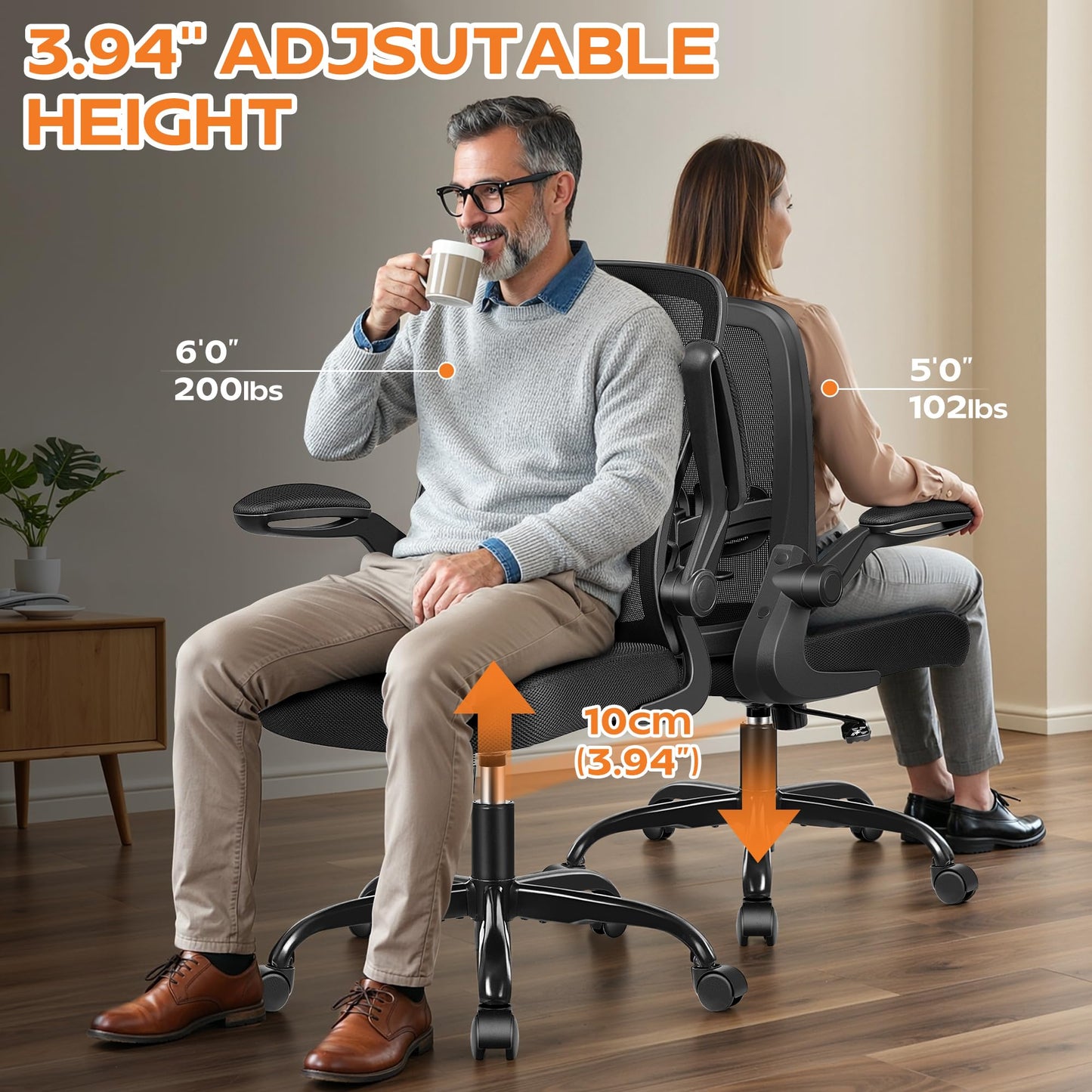 Ergonomic Office Chair 2026 - Mesh Desk Chair with Flip-up Armrests, Adjustable Height and Lumbar, 360° Swivel Comfortable Computer Chairs for Home, Conference Room, Reception, Max 350lbs, Black