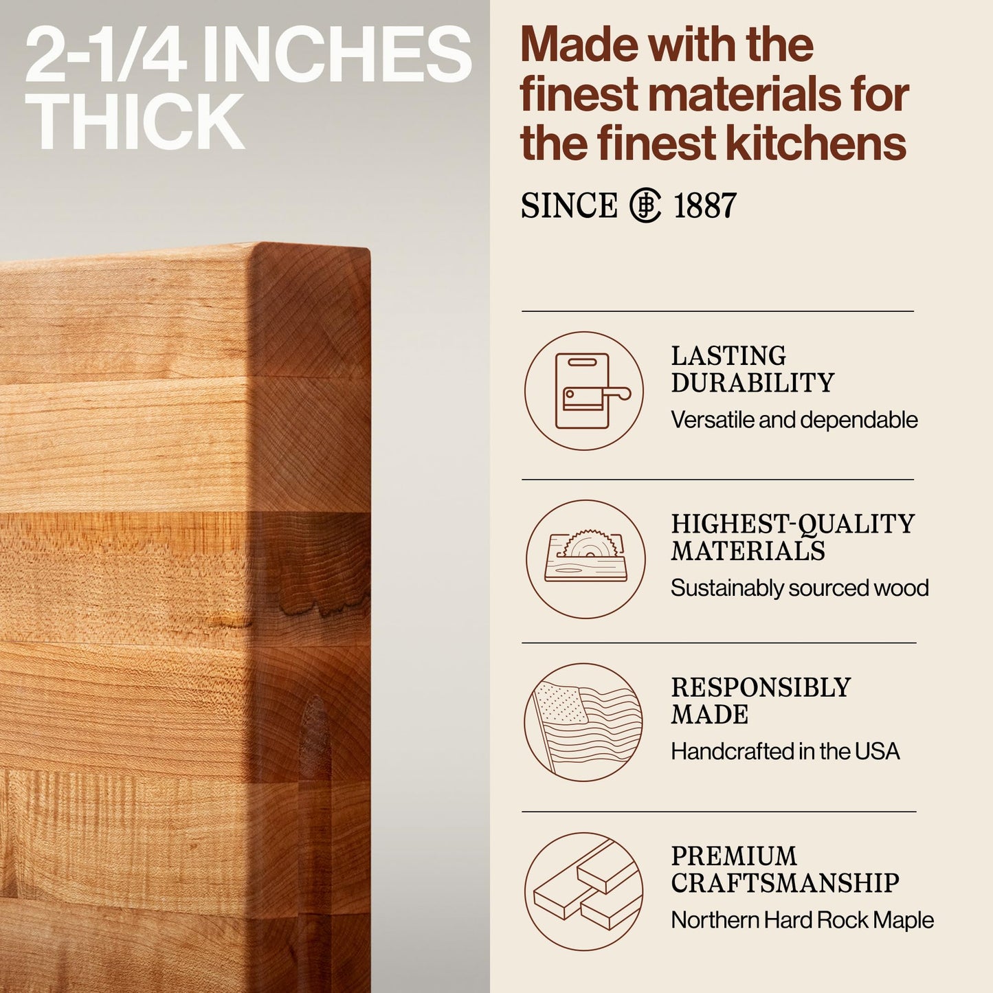 John Boos RA-Board Series Rectangular Wooden Maple Cutting Board 24”x18” – 2.25” Thick, 30-lb Reversible Butcher Block with Edge-Grain & Finger Grips – Made in the USA