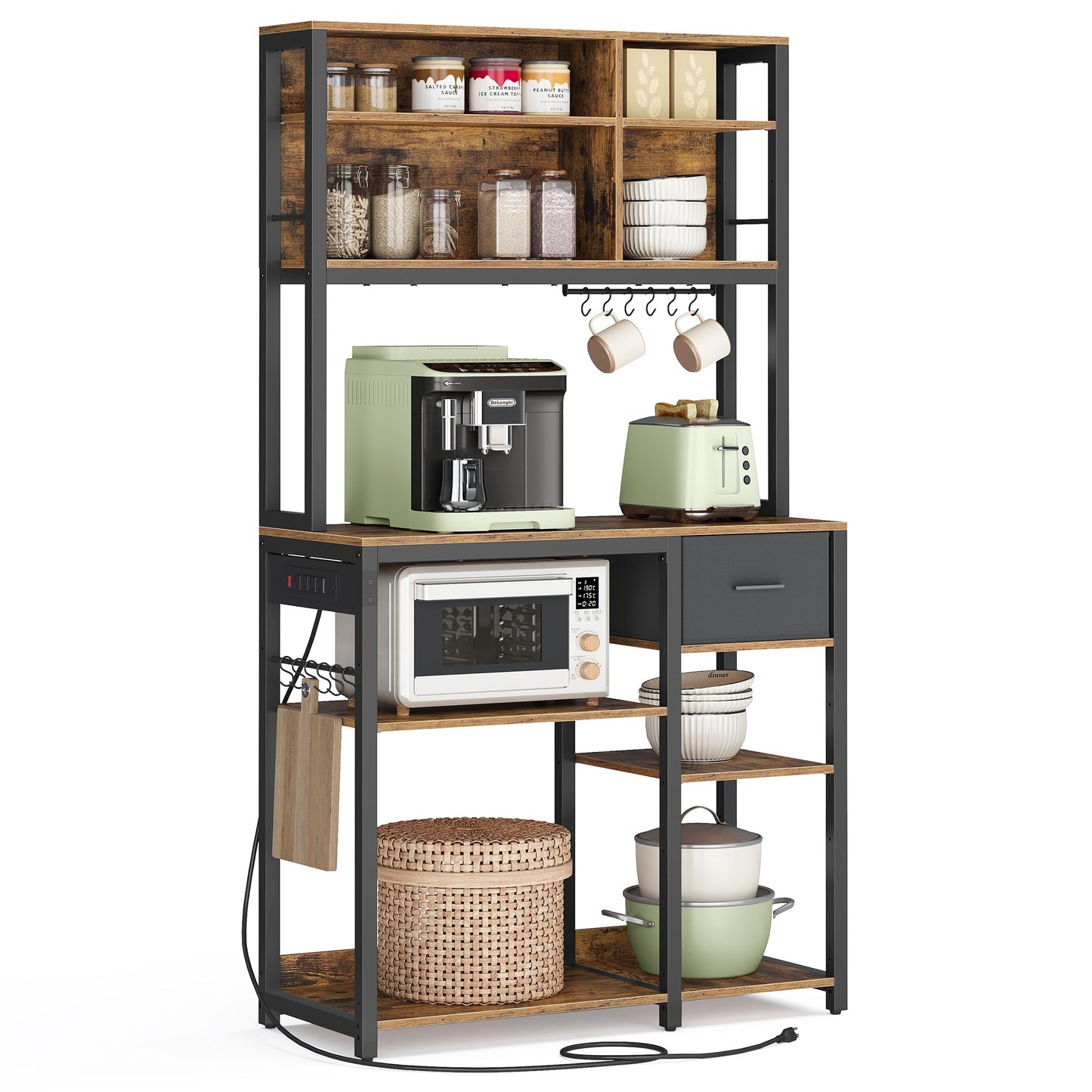 VASAGLE Bakers Rack with Charging Station, Coffee Bar, 15.7 x 31.5 x 71 Inches, Kitchen Microwave Stand, Adjustable Storage Shelves, Fabric Drawer, 12 Hooks, Rustic Brown and Ink Black UKKS015K01