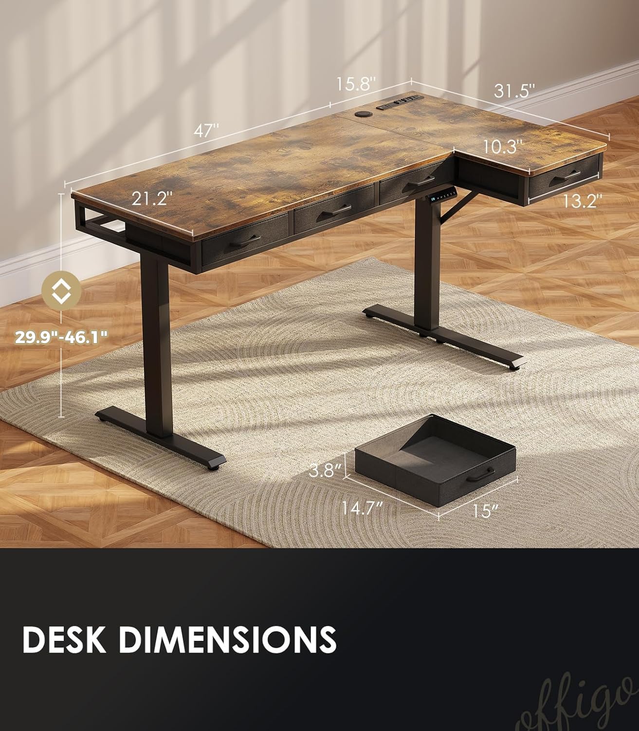 OffiGo 63 Inch L Shaped Electric Standing Desk with Drawers, Height Adjustable Large Desk with Power Outlets, Sit Stand Table, Writing Computer Desk for Home, Office, Workstation, Rustic Brown