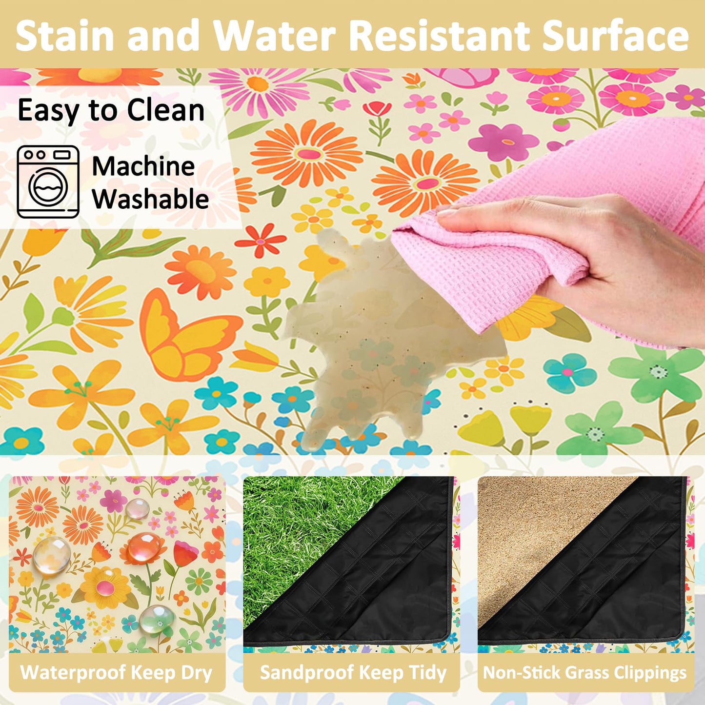 Floral Picnic Blankets Waterproof Foldable, 60″X80″ Packable Picnic Mat Flowers Outdoor Blanket for Grass, Large Beach Blanket Sandproof Picnic Accessories for Camping Music Festival Park Lawn Travel