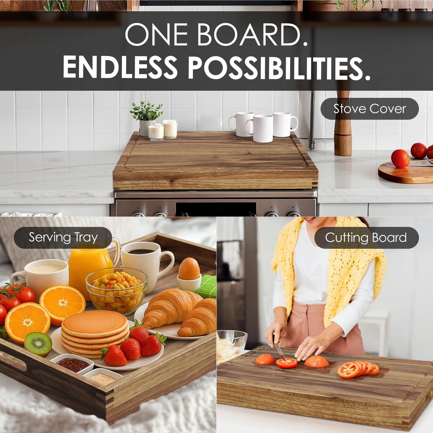 Rustic Craze 33"x 24" EXTRA LARGE Acacia Wood Cutting Board for Kitchen w/Juice Grooves, Tray Handles, Gift Box, Butcher Block, Serving & Charcuterie Tray, 10 Chalkboard Labels w/Chalk Pens