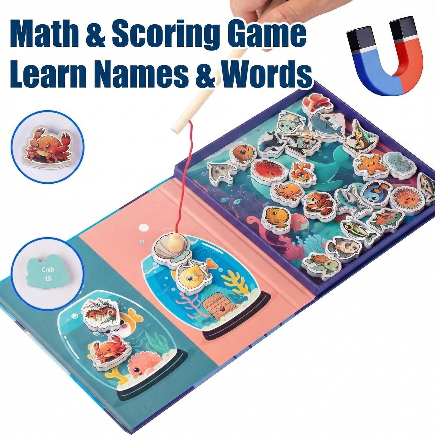 TRAVOFUN Magnetic Fishing Game Book - Travel Toys for Toddlers 3-5 - Car Road Trip Essentials & Airplane Activities for Kids - Montessori Learning Gift with 2 Poles & 27 Ocean Fish (Quiet & Portable)