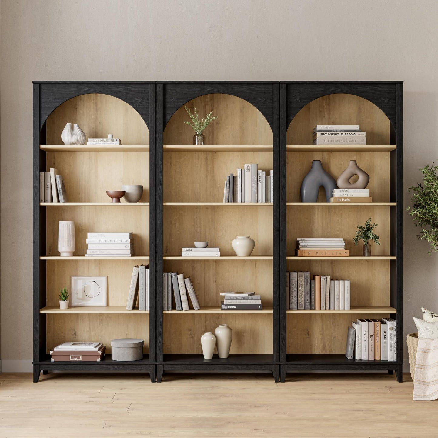 Prepac Ark 78" Tall 5-Tier Arched Bookcase, Black Oak with Oak Finish Interior, Modern Storage Accent Bookshelf with 3 Adjustable Shelves for Home, Office, Living Room, Bedroom