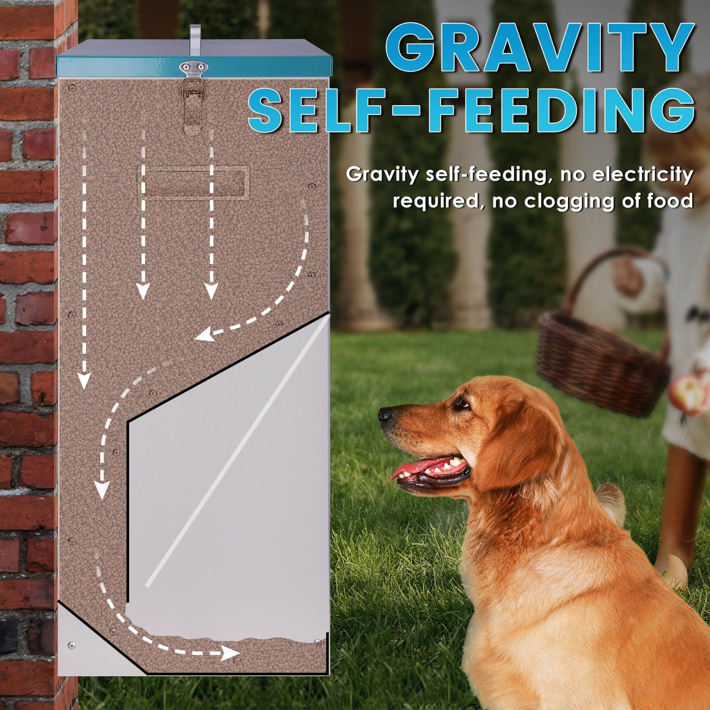 KHEARPSL 46lbs Automatic Dog Feeder for 2 Dogs Large Breed Dog Food Dispenser Outdoor Gravity Dual Pet Feeder Galvanized Steel Hangable Outside Pet Feeding Station
