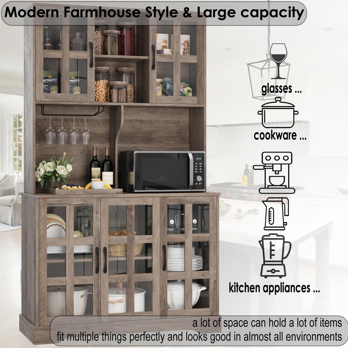 Keyluv Kitchen Pantry Storage Cabinet 71" Tall Freestanding Pantry Cabinet, Farmhouse Glass Door Buffet with Oven Countertop, Large Wood Hutch for Kitchen, Living Room and Dining Room, Rustic