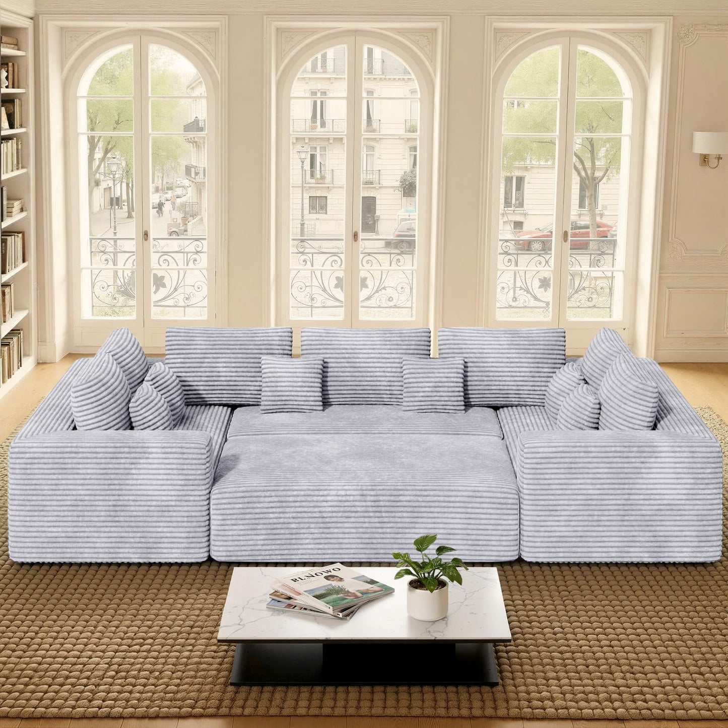 Luxanimarion 136'' Large Sectional Cloud Couches with Chaise, U Shaped Boneless Sofa Bed with Ottoman, No Assembly Required Deep Seat Modular Lounge for Living Room 4PCS Set, Bedroom(Light Grey)