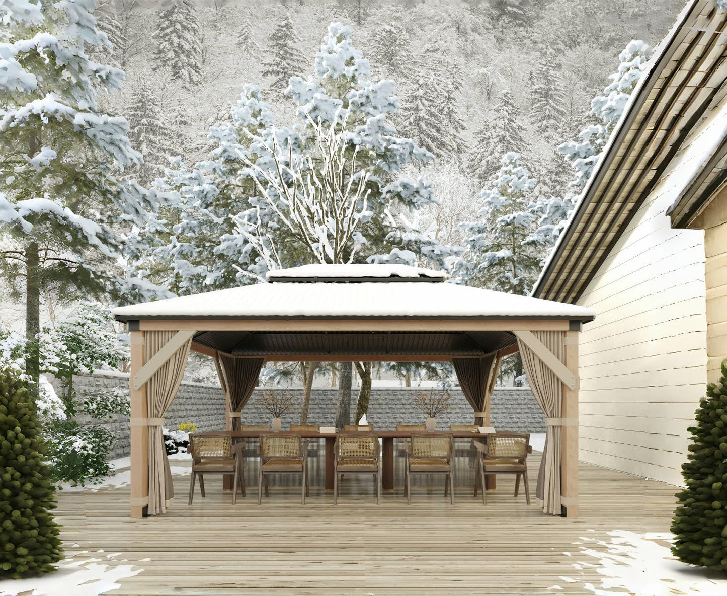 GarveeLife Hard top Wood Gazebo 12 ft x16 ft for All Weather, with Double Metal Roof, Heavy Duty Wooden Frame, Net, and Curtain, Permanent Building for Patio, Deck, Backyard, Lawn, and Garden, Khaki