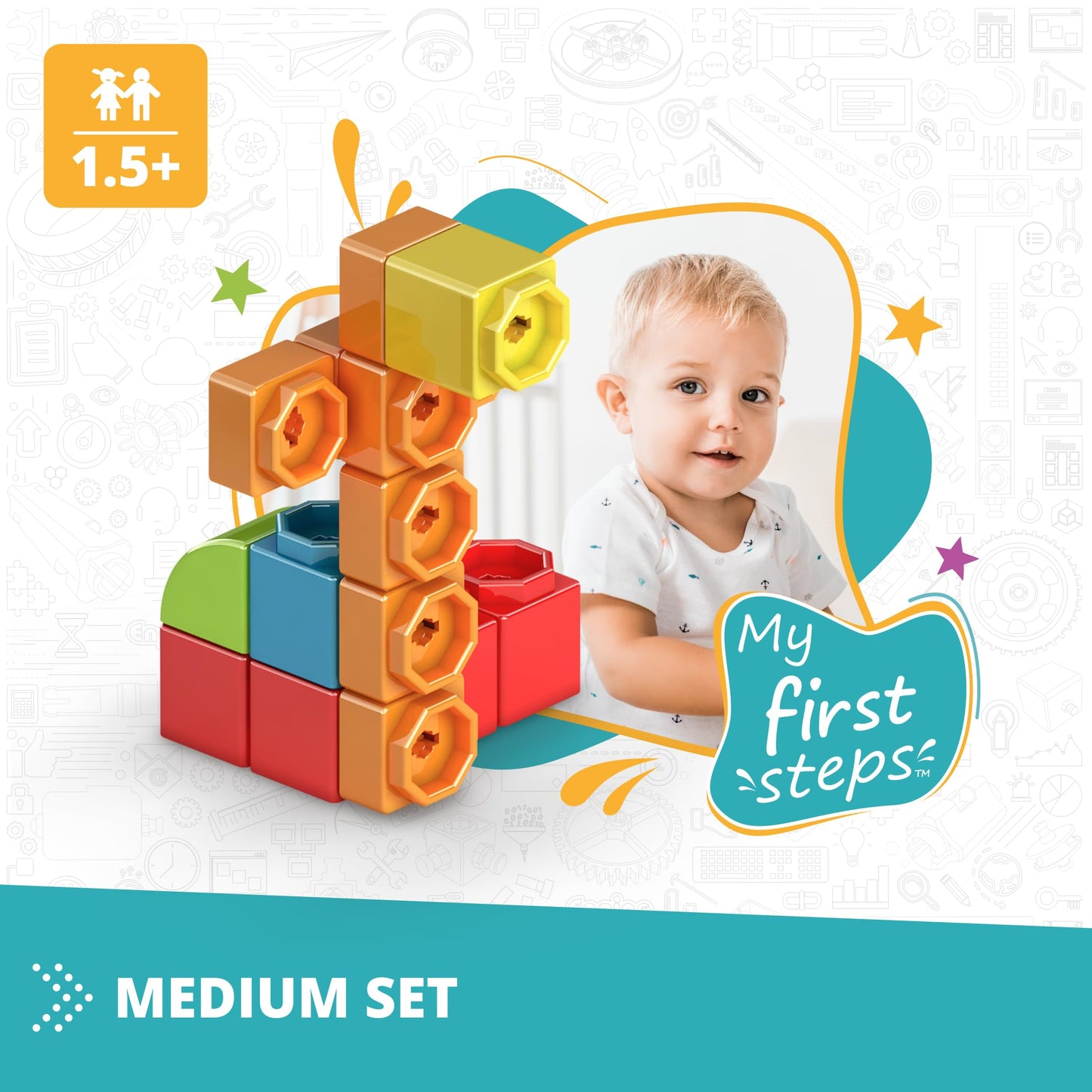 Engino Baby Qboidz, My First Steps Educational Playset for Ages 1.5+, Building Blocks for Toddlers, Motor Skills Toys for Toddlers, STEM Kit for Children, Preschool Learning Toys, Medium Tube