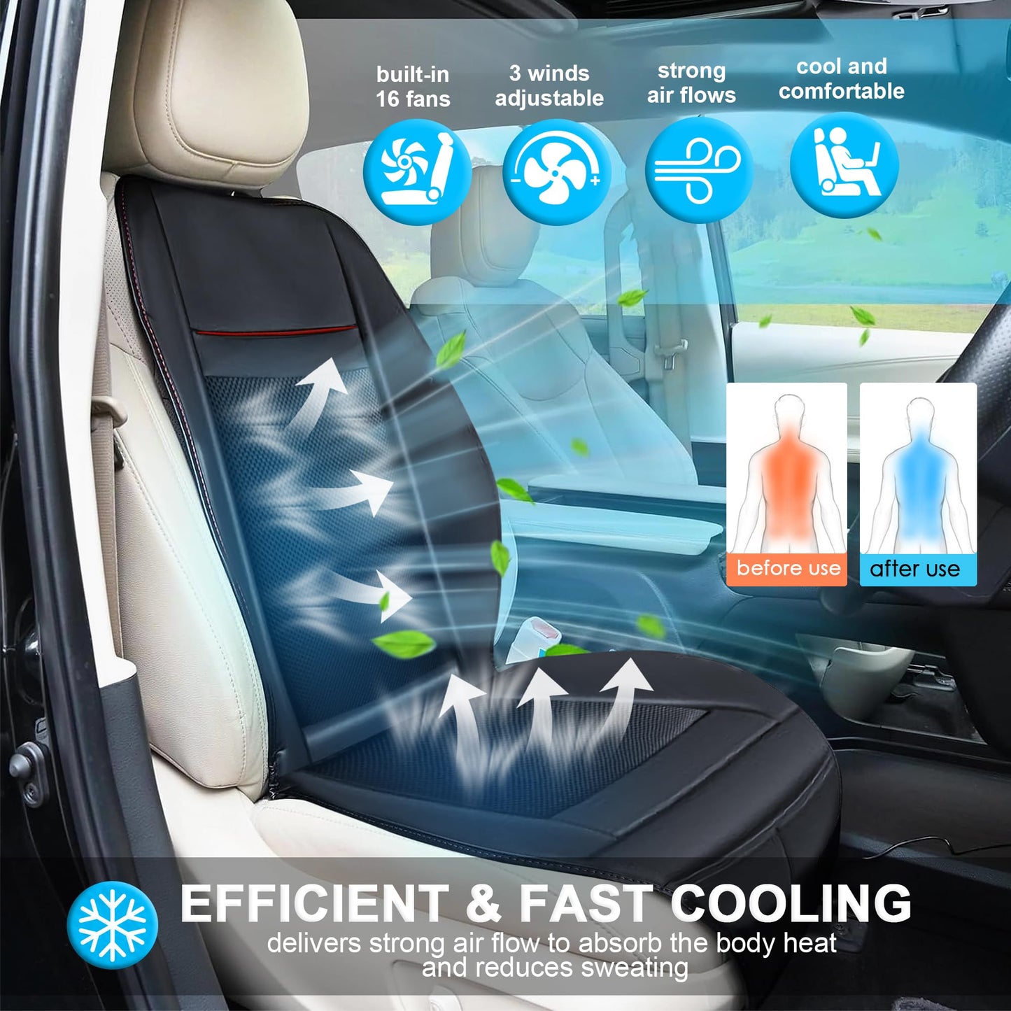 Cooling Car Seat Cushion with 16 Fans, Massage & Adjustable Temperature 12V Seat Cooler Ventilated Seat Cover for Car Fit Summer Winter (3 in 1, Black)