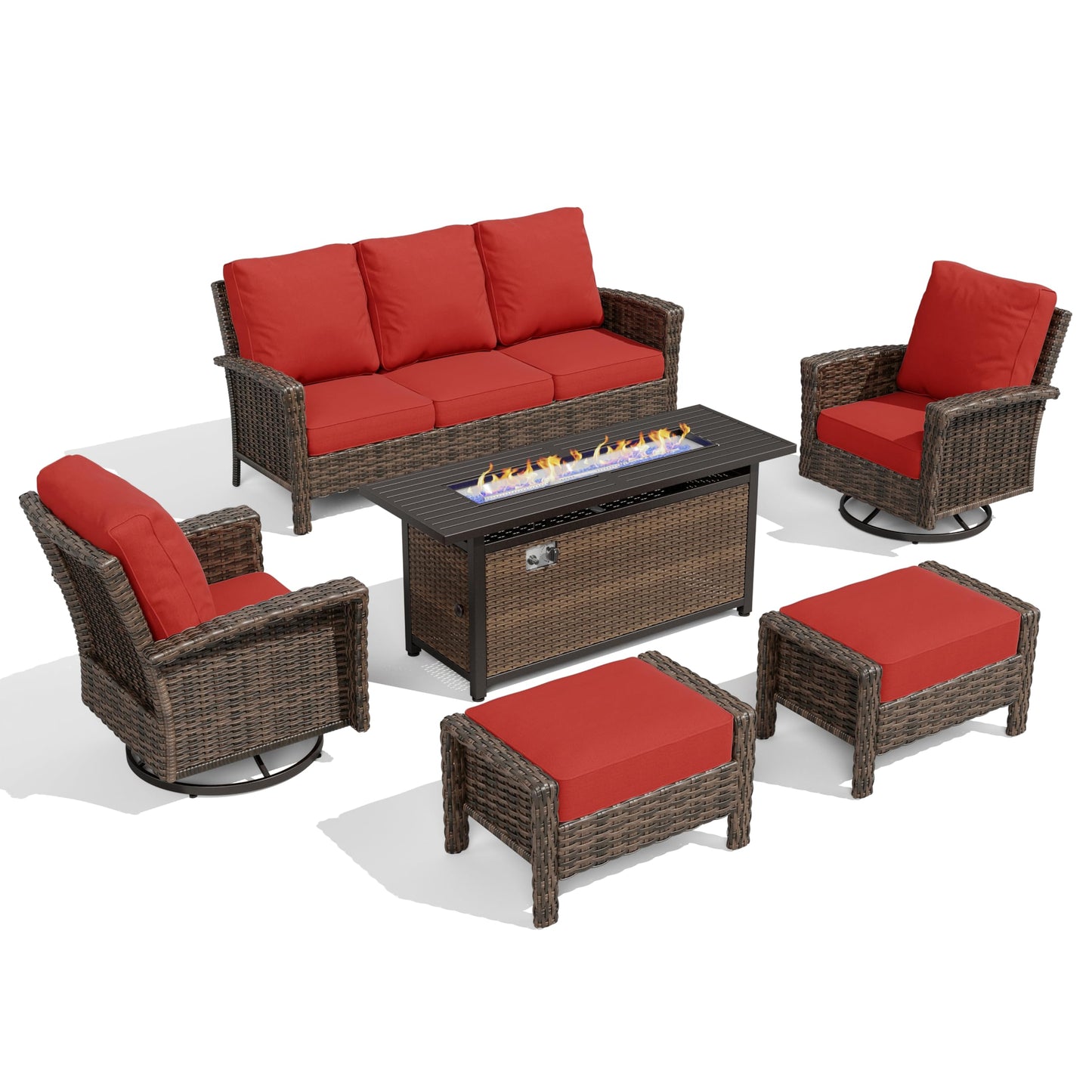 HERA'S HOUSE Red Patio Furniture Set, 6-Piece Outdoor Seating Conversation Sets with High Back Wicker Sofa, Swivel Chairs with 5.5" Thick Cushions, Fire Pit Table & Ottomans for Deck Yard Garden