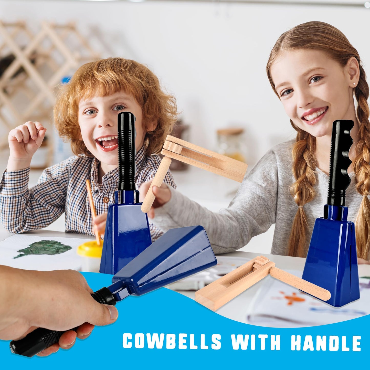6 Pcs 9 Inch Cowbell Noise Makers Set 4 Wooden Spinning Rattle Ratchet Mexican Matraca 2 Steel Cowbell with Handle for Sporting Events Football Game Musical Percussion Instrument (Color Style 2)