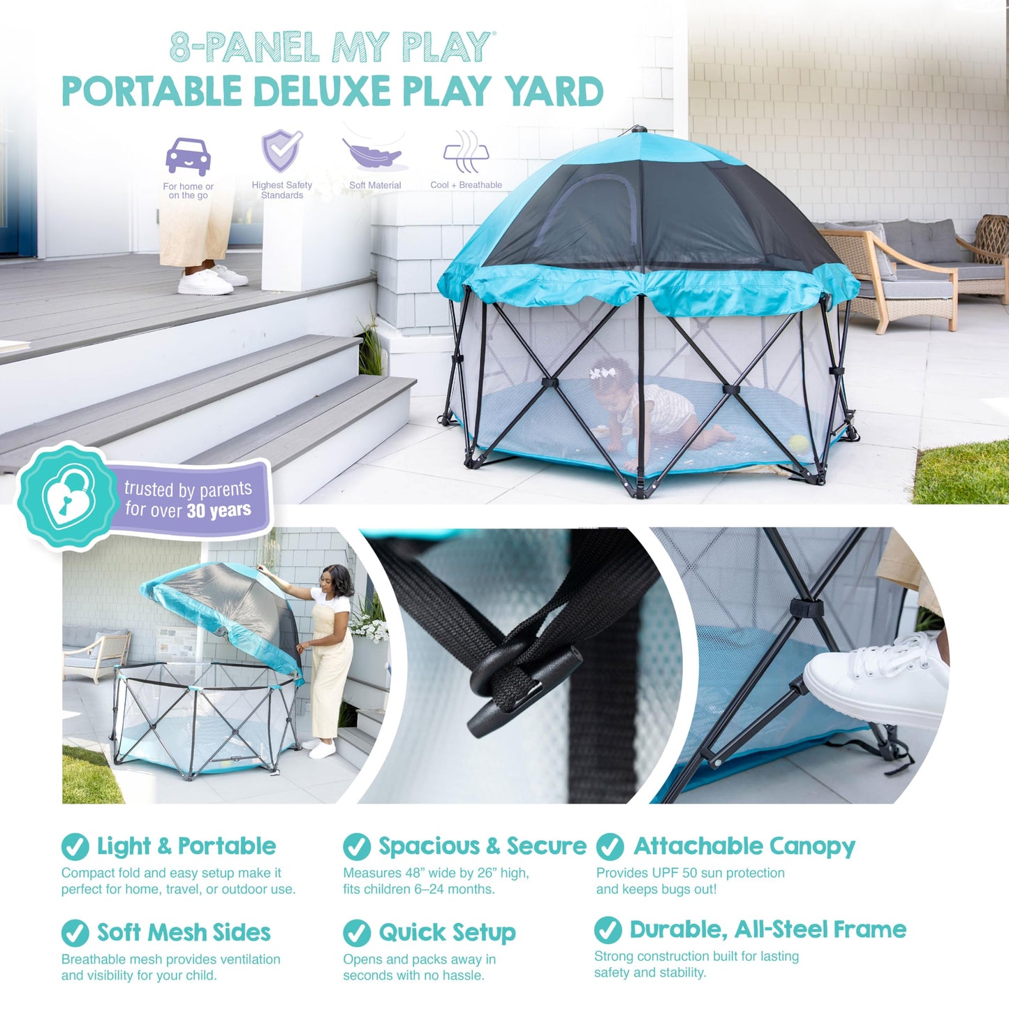 Regalo Safety My Play Deluxe Extra Large Baby Playpen & Portable Play Yard with Canopy, Foldable 8-Panel Indoor Outdoor Playpen for Babies & Toddlers, Mesh Sides, Washable Nylon Bottom, 62", Aqua