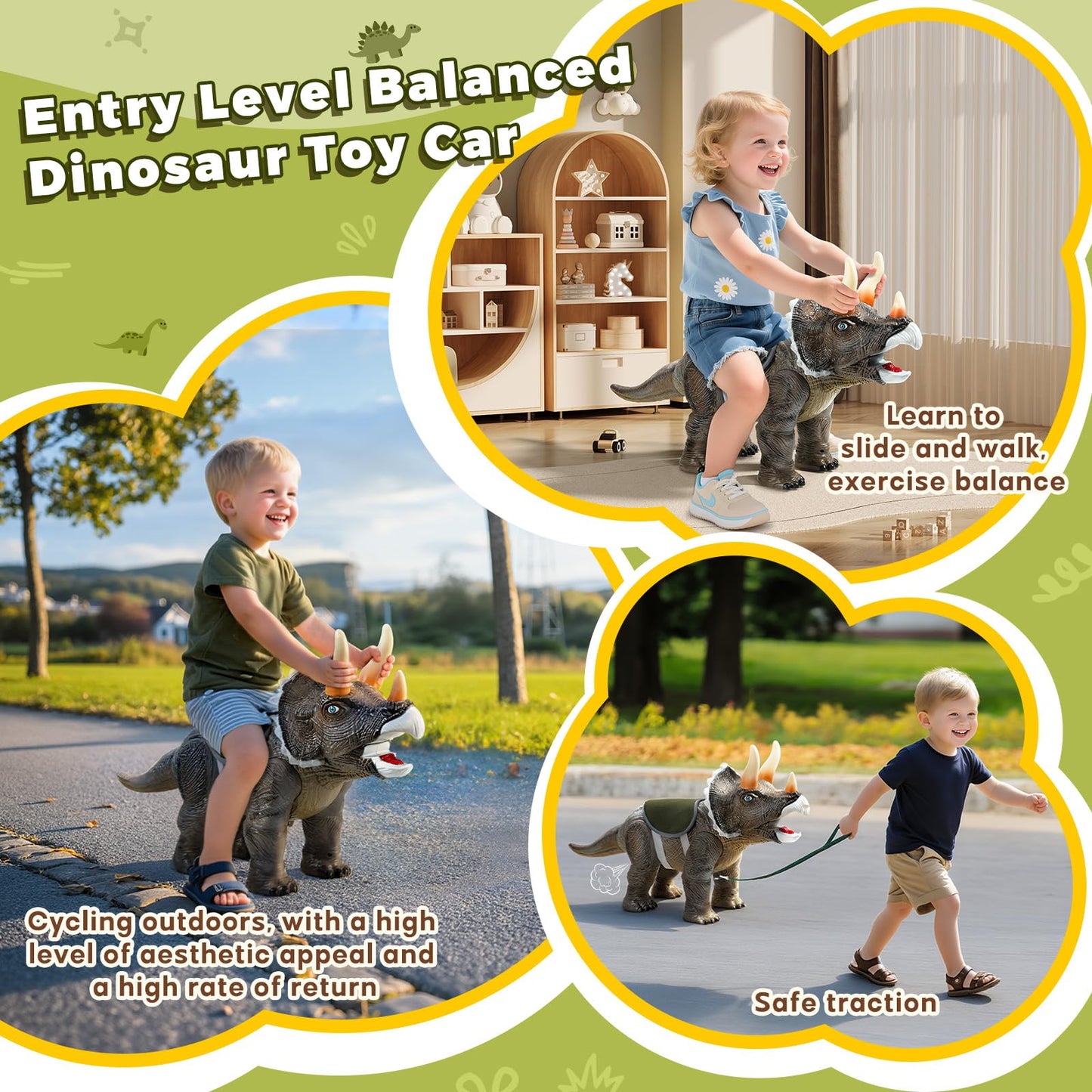Twinkoo Dinosaur Ride On Toy Cars for Kids, Realistic Triceratops Push Car with Three Sound Effects,Sound and Light Effects PP Wheels for Indoor/Outdoor Play,Best Gift for Kids(Triceratops)