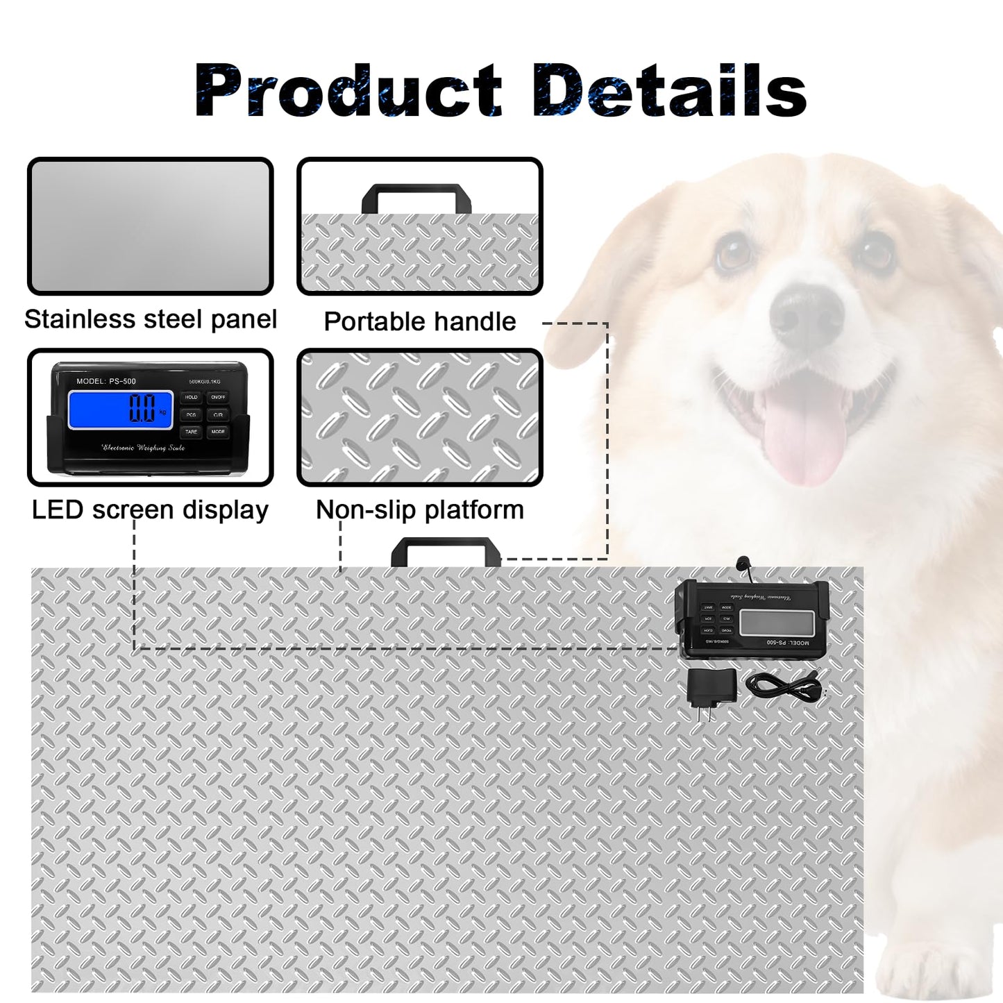 Togarhow 1100Lbs x 0.2Lbs Digital Livestock Scale Stainless Steel Non-Slip Platform Scale Electronic Heavy Duty Postal Shipping Scale for Large Pet Dog Goat Pig Cattle Sheep