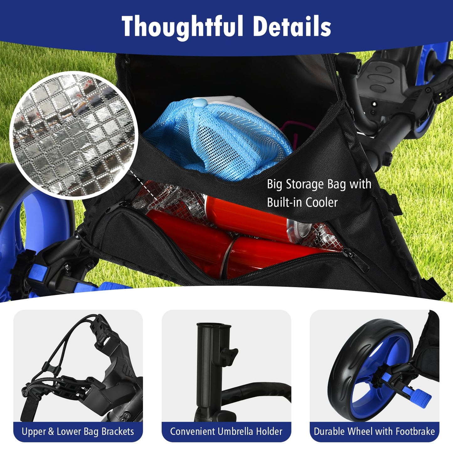 ULTIMATE 3 Wheel Golf Push Cart, Aluminum Folding Golf Walking Push Cart w/Elastic Strap, Umbrella & Cup Holder, Scoreboard Storage, Insulated Storage Bag, Adjustable Handle & Foot Brake (Blue)